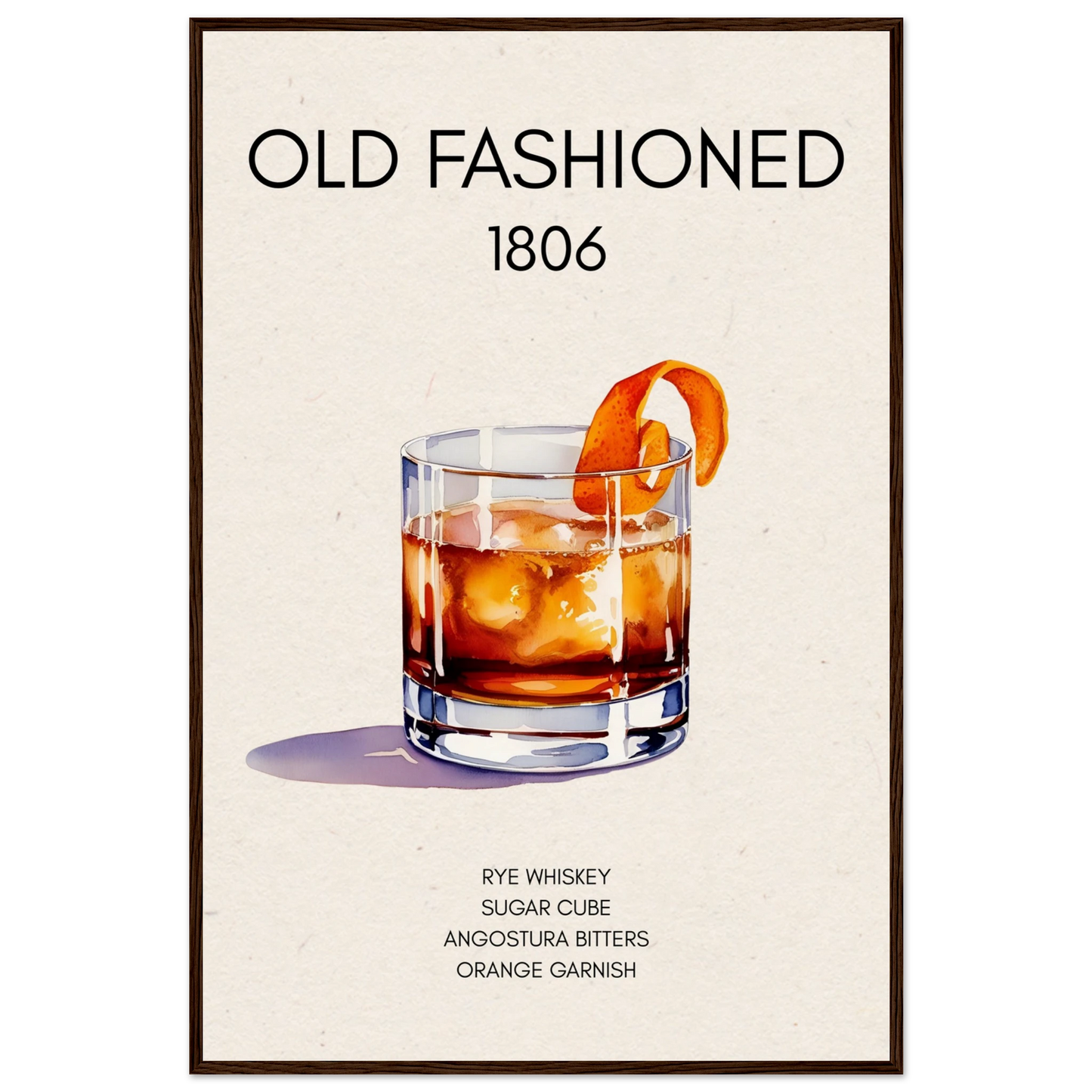 Classic Old Fashioned Cocktail Bar Poster Print Dark Brown Wood Frame 60x90 cm 24x36″ Museum-Quality Matte Paper Wooden Framed Poster