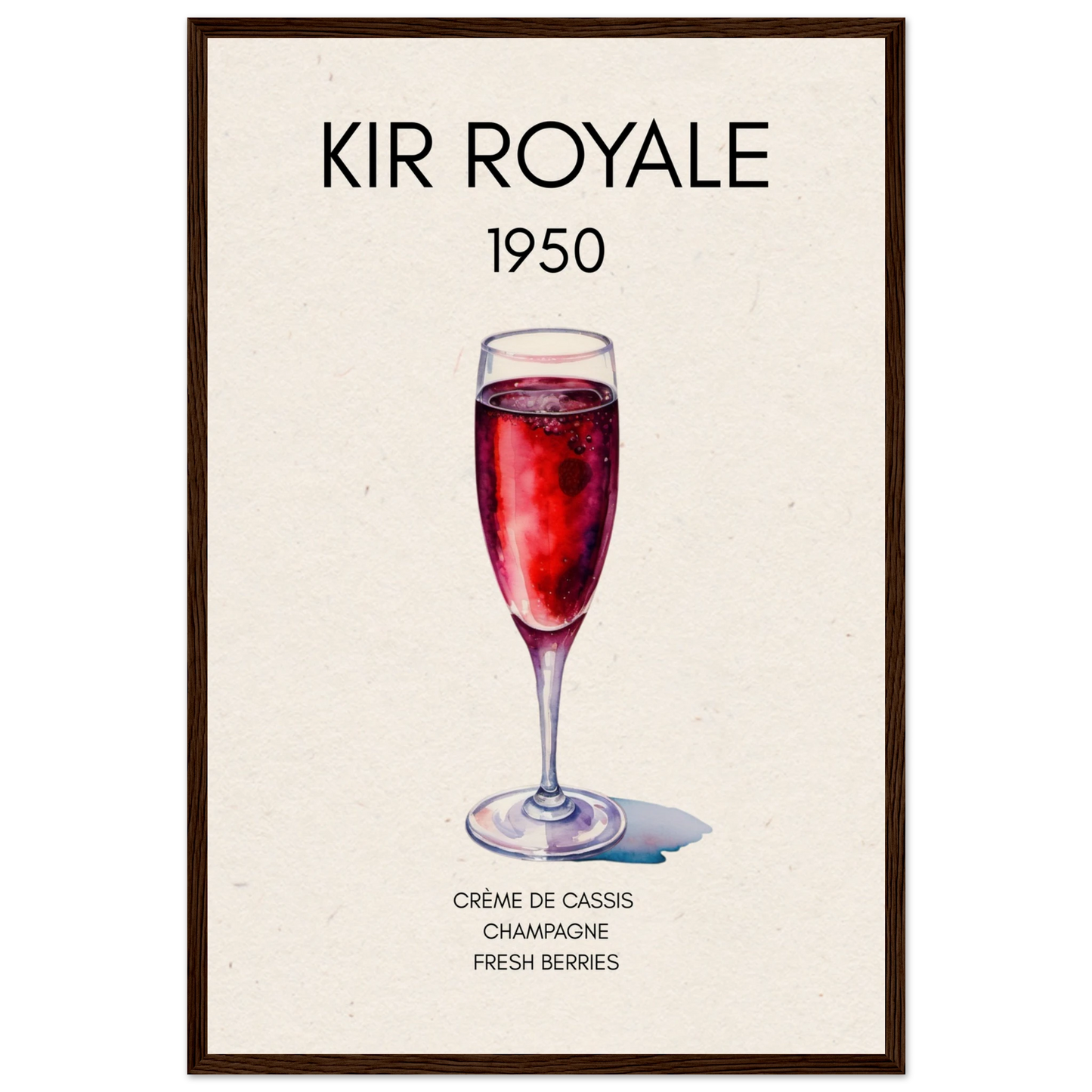Kir Royale Champagne Cocktail Bar Poster Print Dark Brown Wood Frame 40x60 cm 16x24″ Museum-Quality Matte Paper Wooden Framed Poster