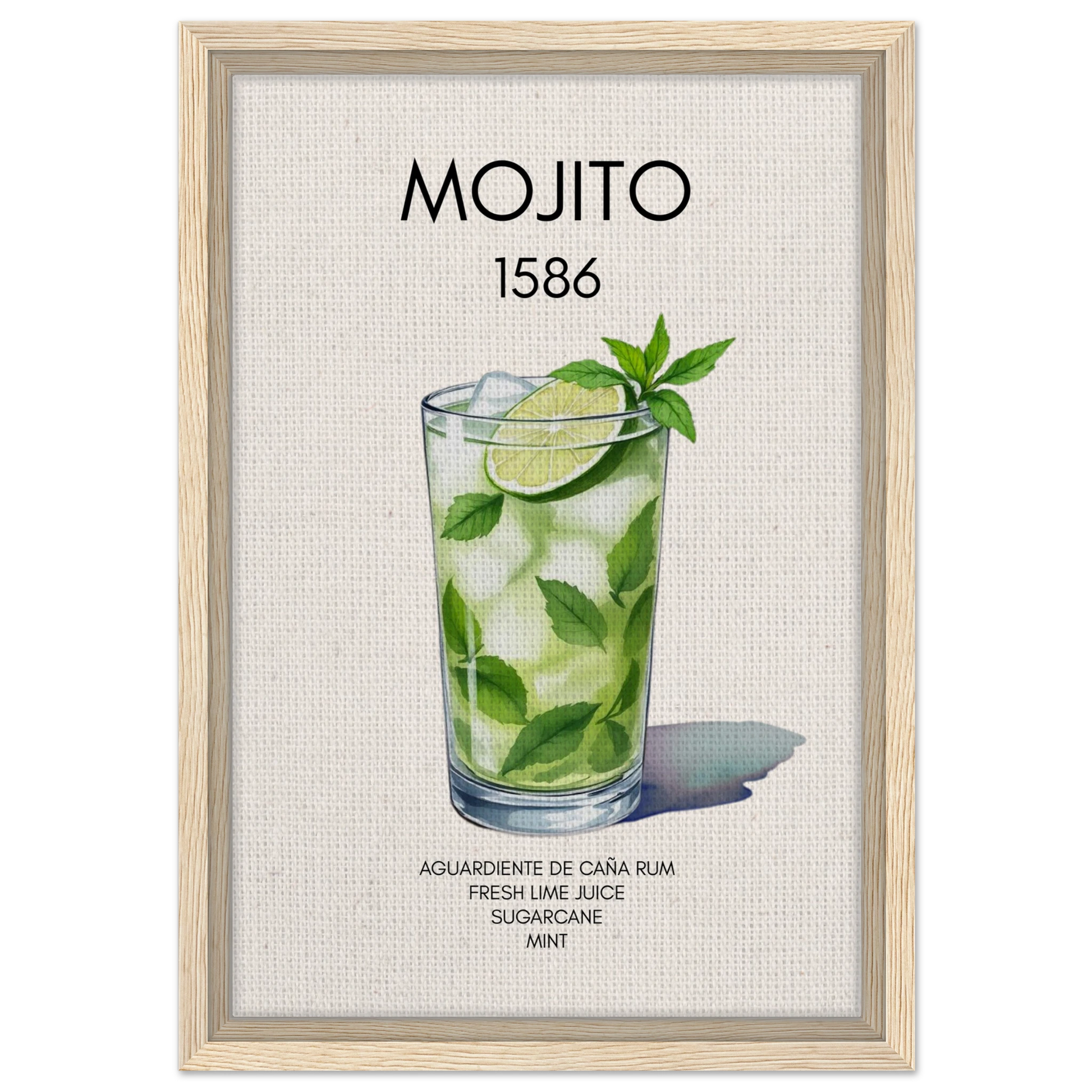Mojito Cocktail Bar Art Print Light Wood Frame 30x45 cm 12x18″ Framed Canvas