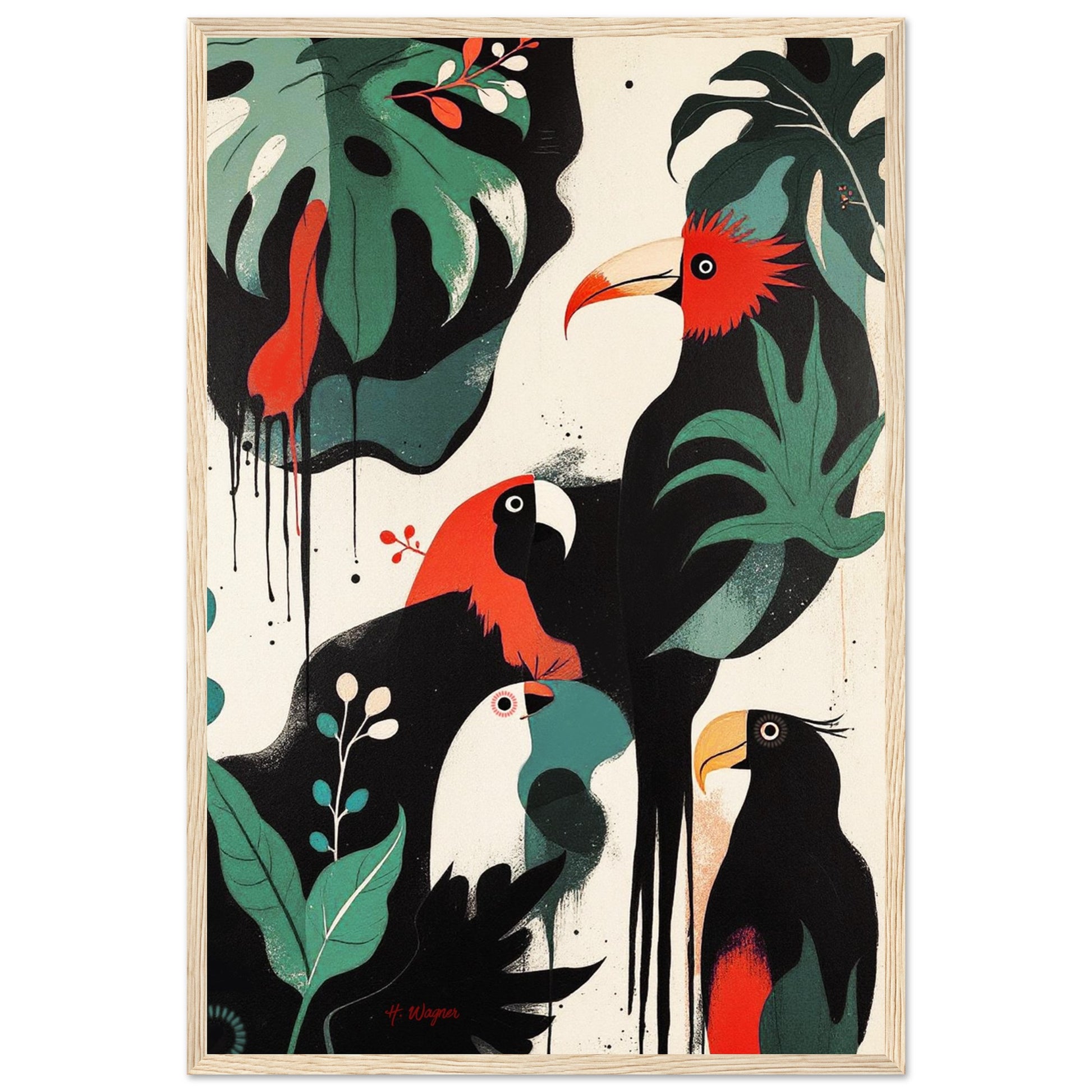 Mid-Century Modern Exotic Bird Art Poster Print - Framed Tropical Parrot Wall Décor Light Wood Frame 40x60 cm 16x24″ Premium Matte Wooden Framed Poster