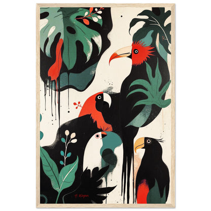 Mid-Century Modern Exotic Bird Art Poster Print - Framed Tropical Parrot Wall Décor Light Wood Frame 40x60 cm 16x24″ Premium Matte Wooden Framed Poster