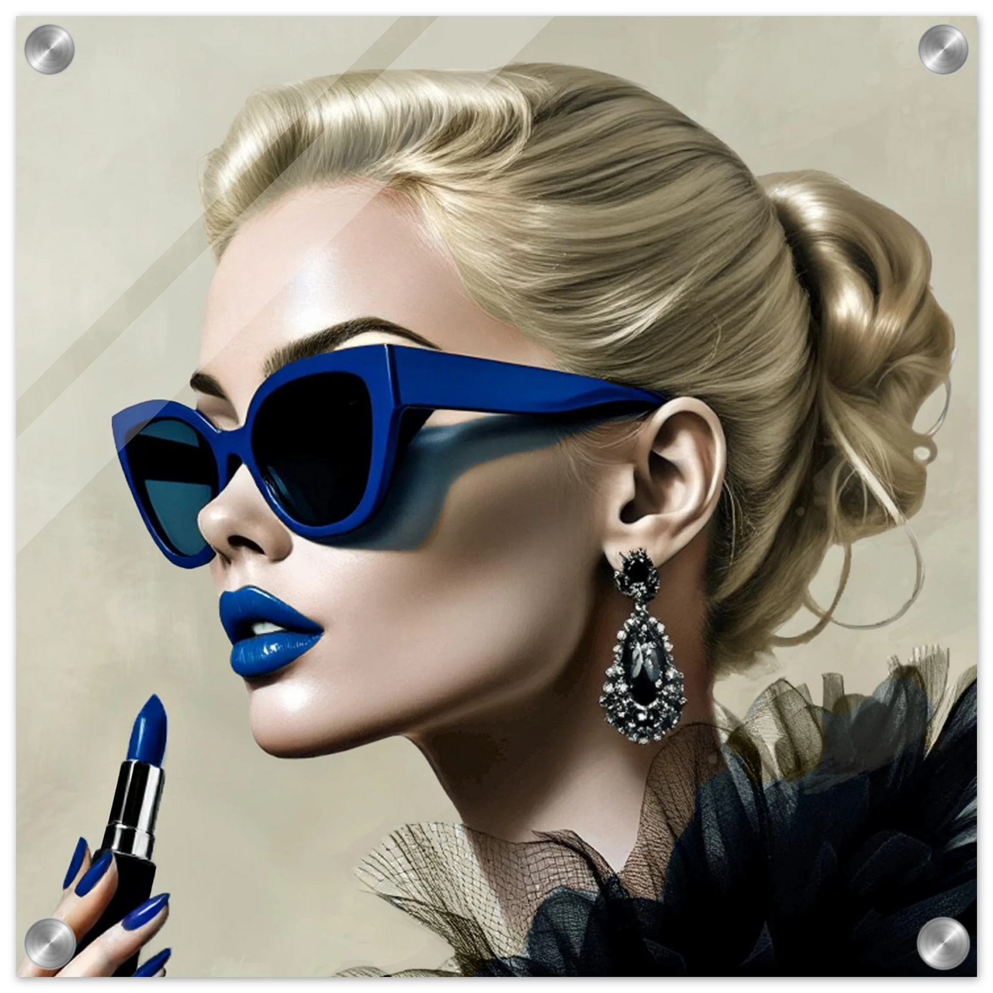 Retro Fashion Model Blue Lipstick Art Print 40x40 cm 16x16″ Sleek Acrylic Print