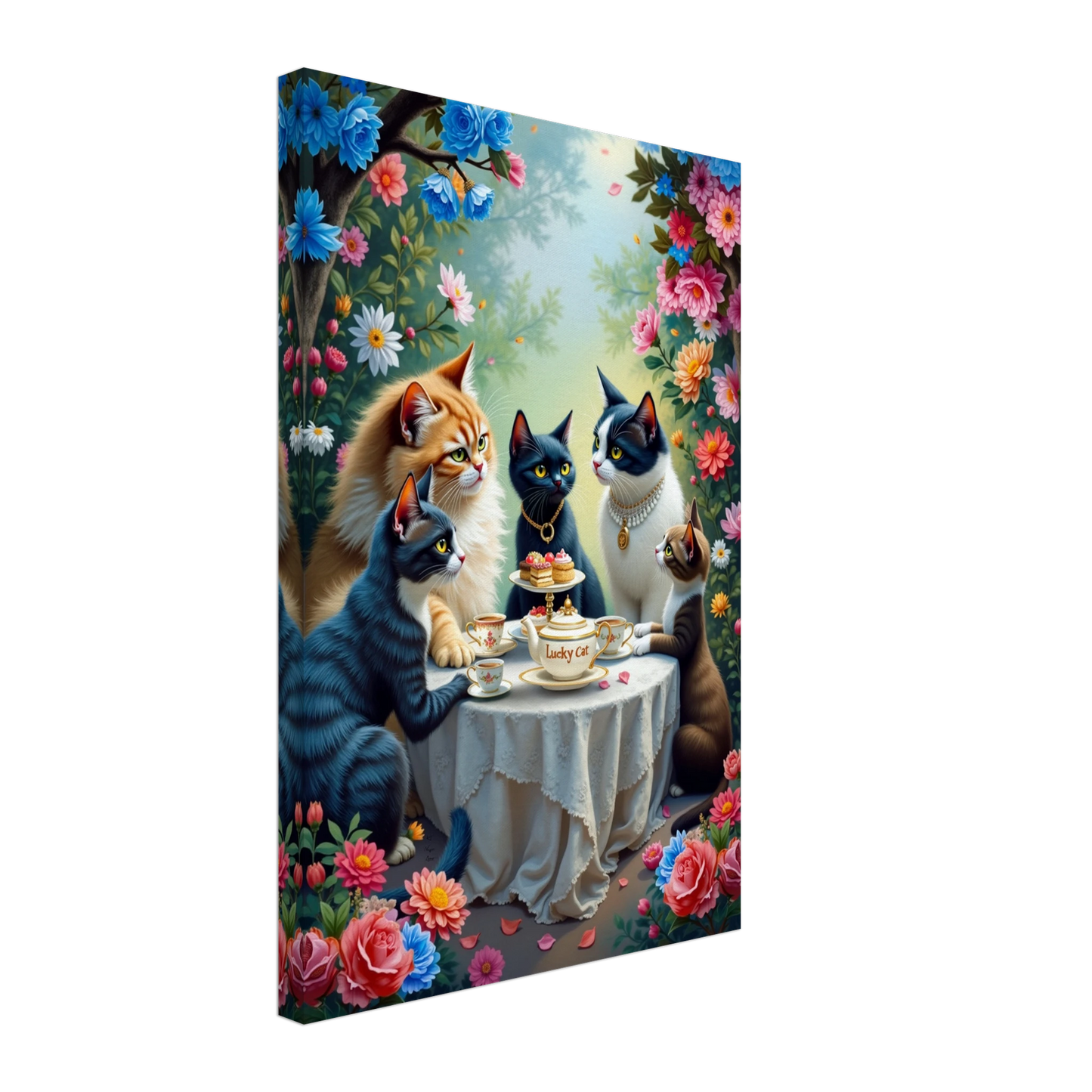 Lucky Cat Tea Party Botanical Art Print 40x60 cm 16x24″ Gallery Wrapped Canvas No Frame
