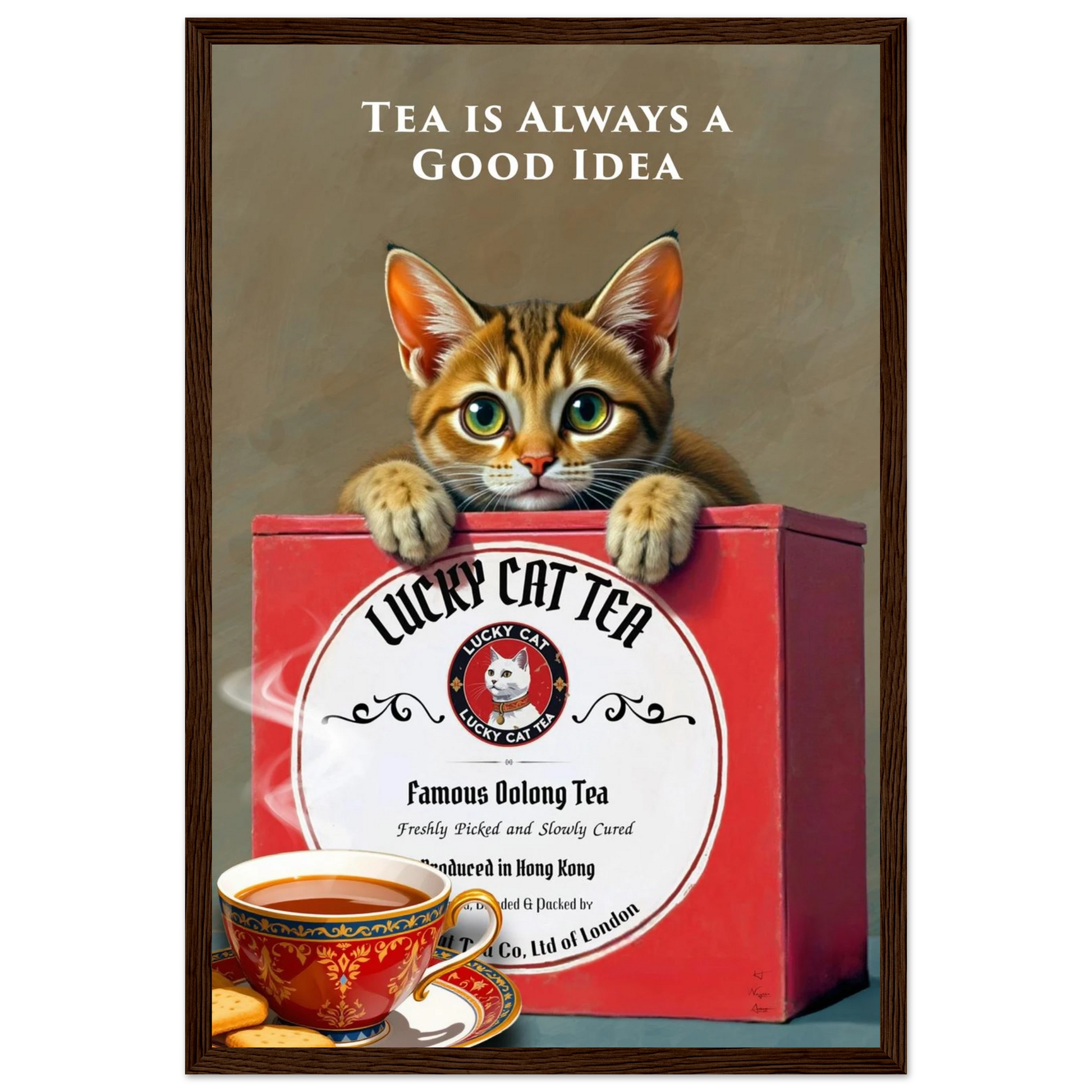 Tabby Lucky Cat Tea Vintage Kitchen Art Print Dark Brown Wood Frame 30x45 cm 12x18″ Classic Matte Paper Wooden Framed Poster