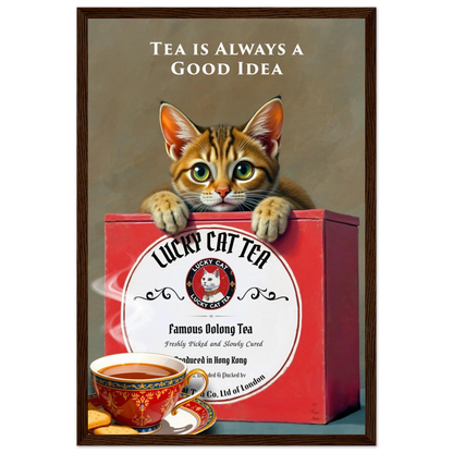Tabby Lucky Cat Tea Vintage Kitchen Art Print Dark Brown Wood Frame 30x45 cm 12x18″ Classic Matte Paper Wooden Framed Poster