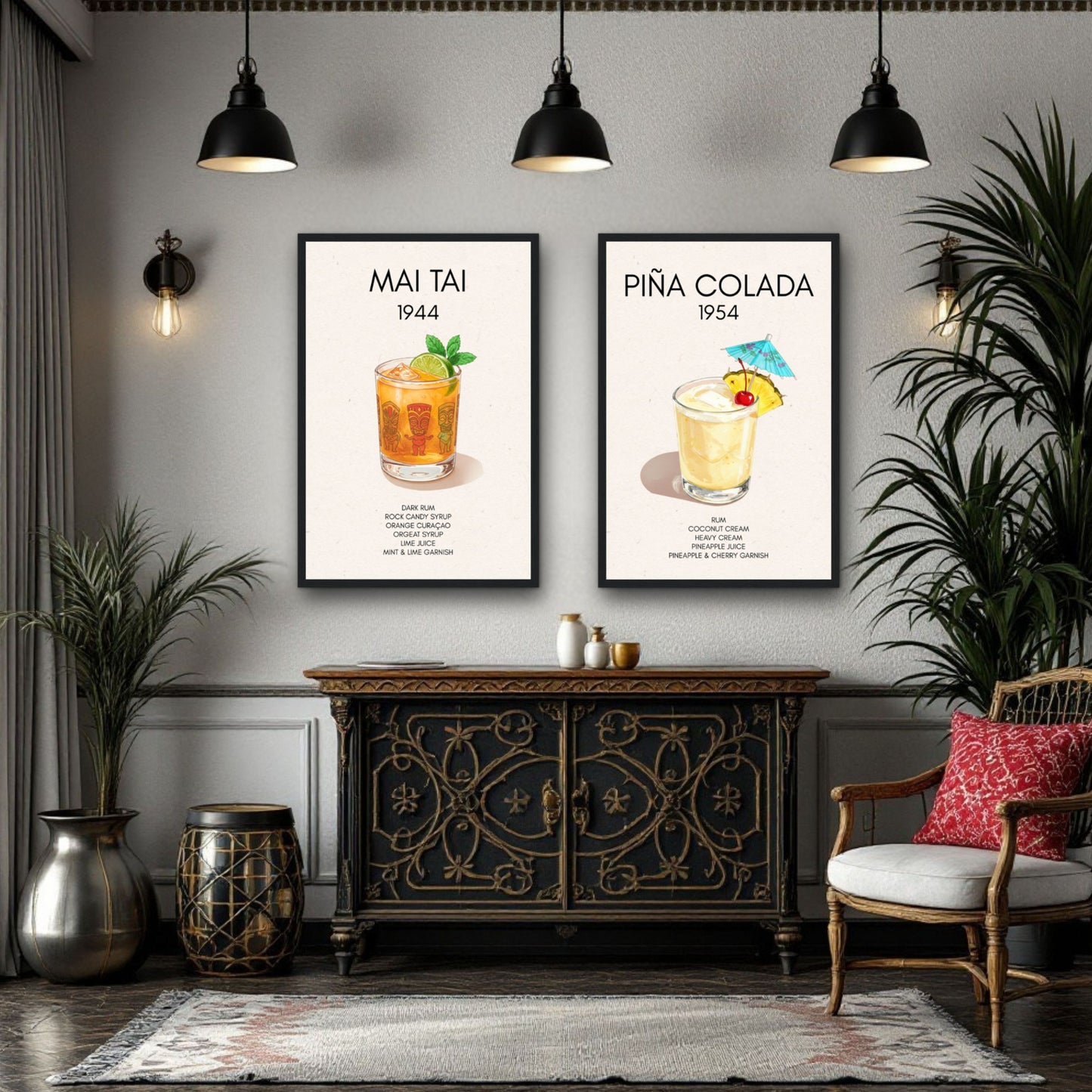 Pina Colada Cocktail Bar Poster Print Black Wood Frame 30x45 cm 12x18″ Framed Canvas