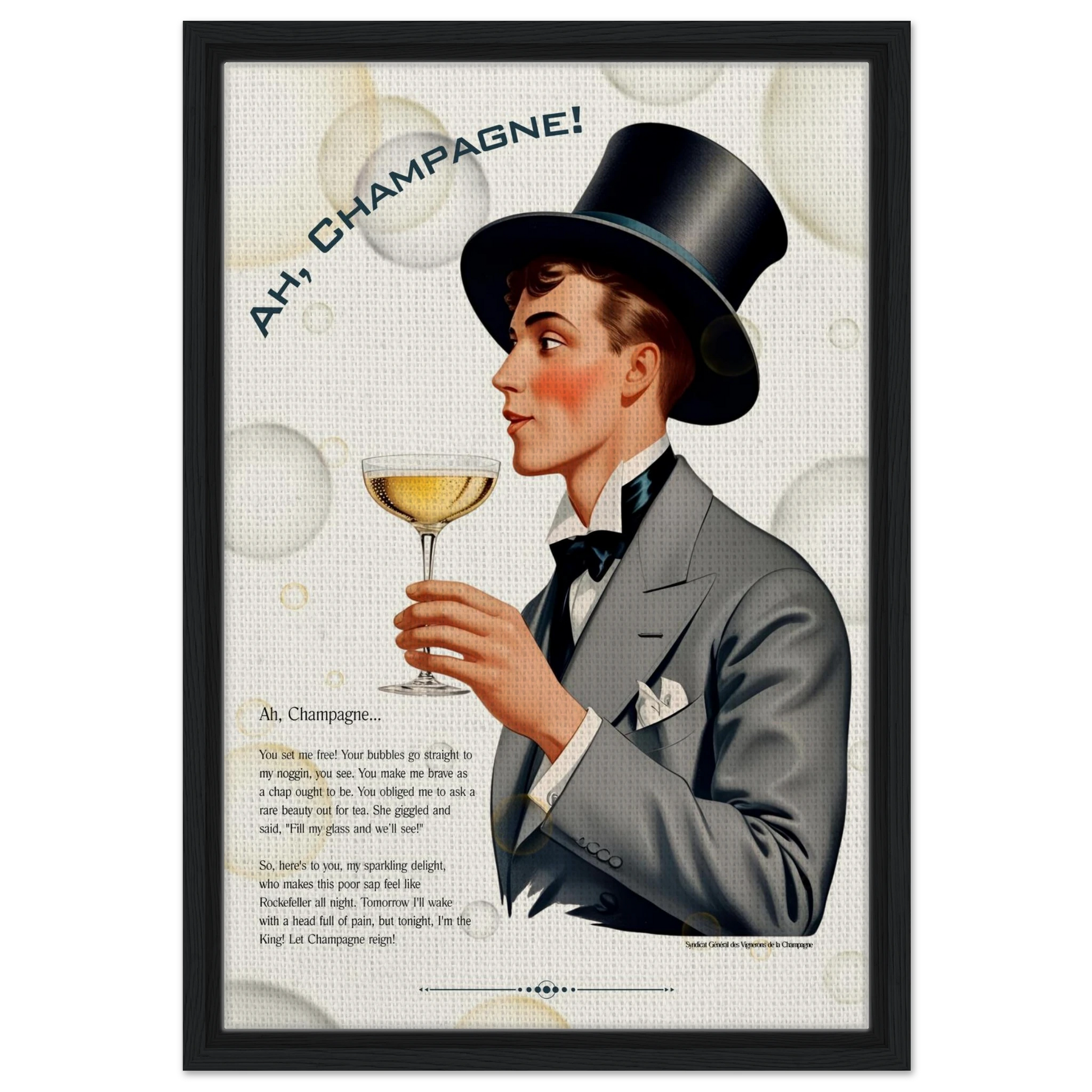 Art Deco Champagne Funny Poem Art Print 40x60 cm 16x24″ Framed Canvas Black frame