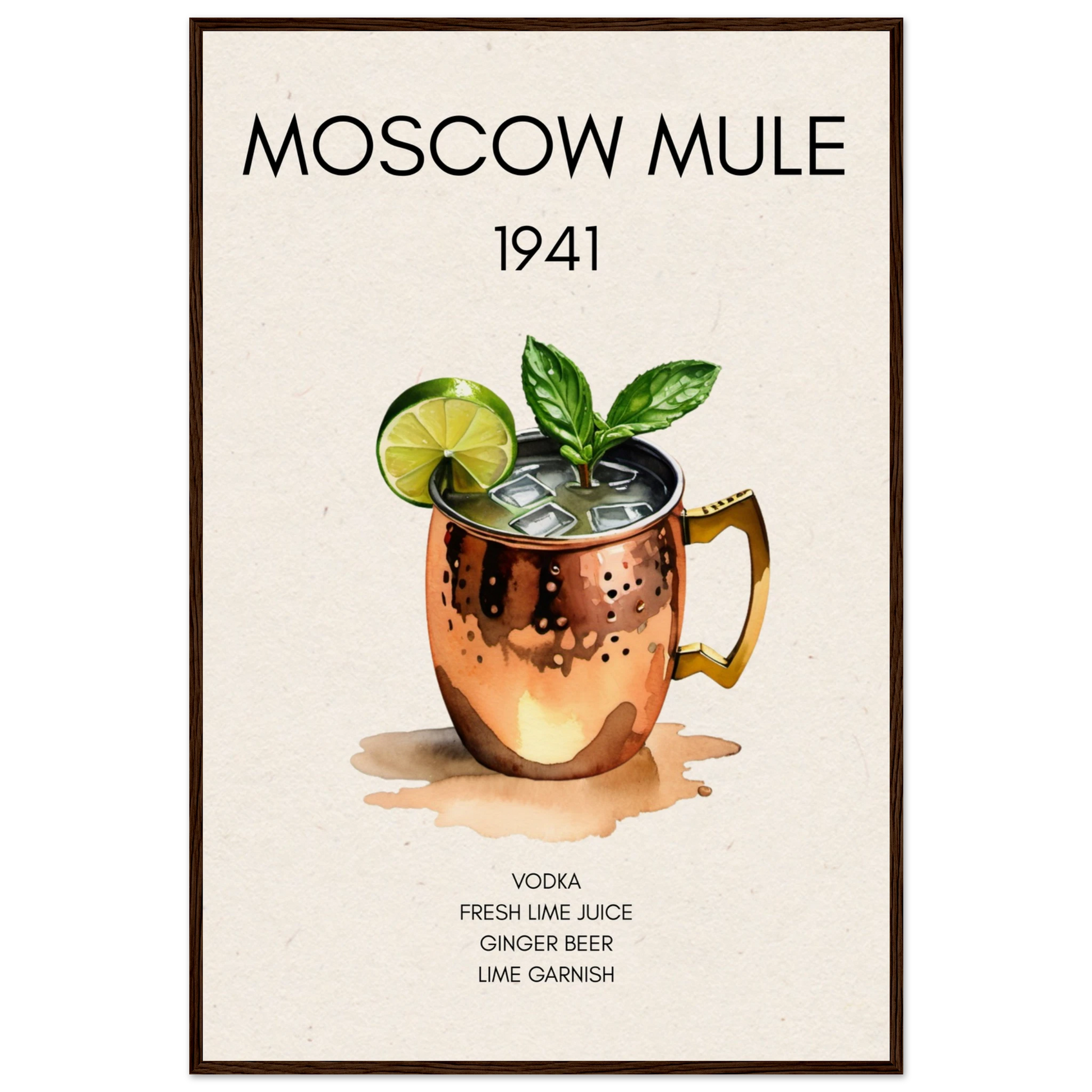 Moscow Mule Cocktail Bar Poster Print Dark Brown Wood Frame 60x90 cm 24x36″ Museum-Quality Matte Paper Wooden Framed Poster