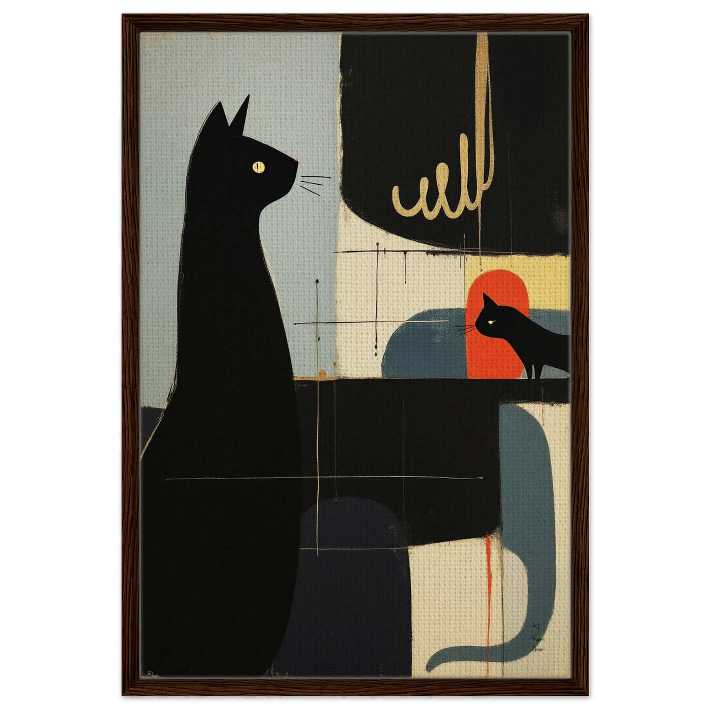 Abstract Cat & Kitten Modern Art Print Dark Brown Wood Frame 60x90 cm 24x36″ Framed Canvas