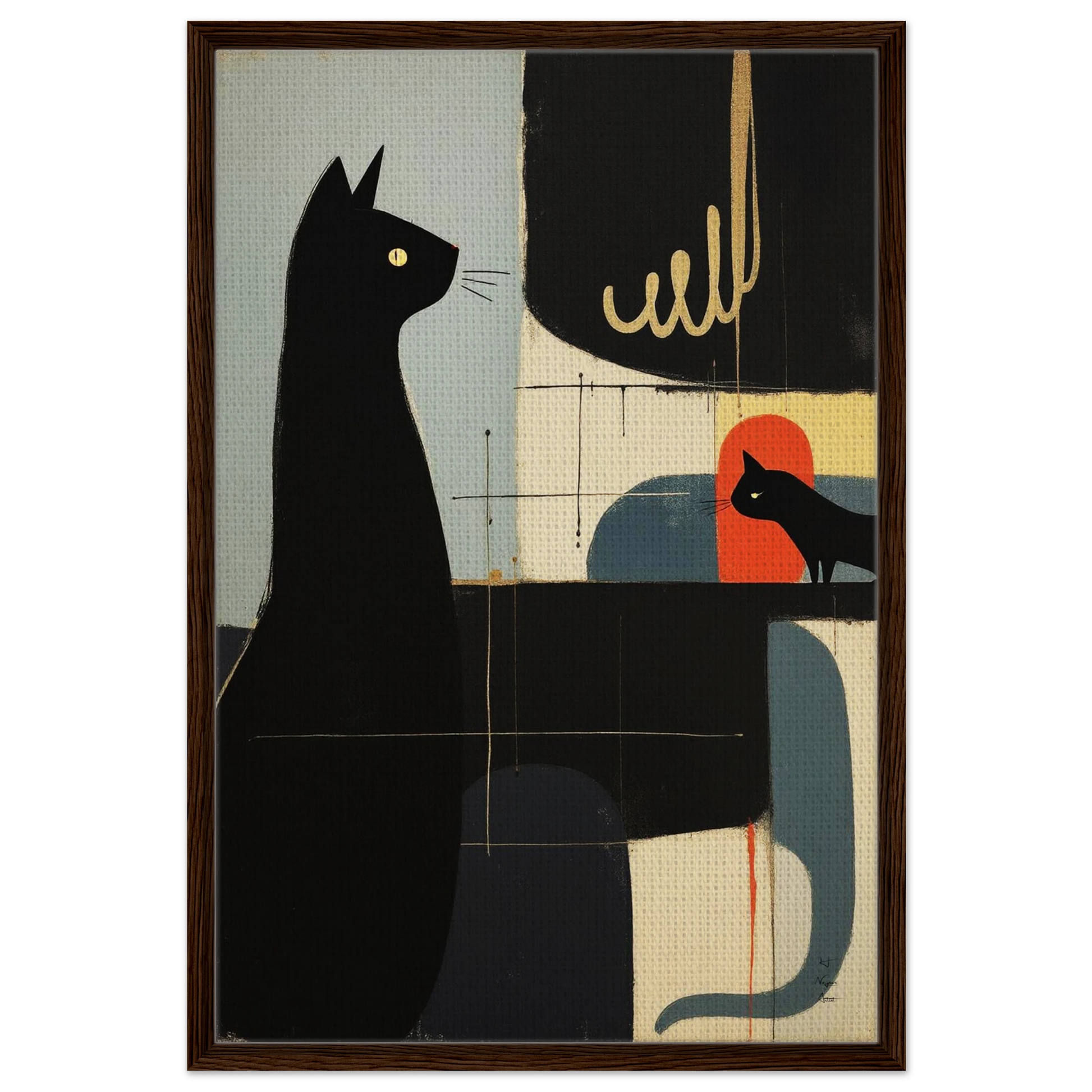 Abstract Cat & Kitten Modern Art Print Dark Brown Wood Frame 60x90 cm 24x36″ Framed Canvas