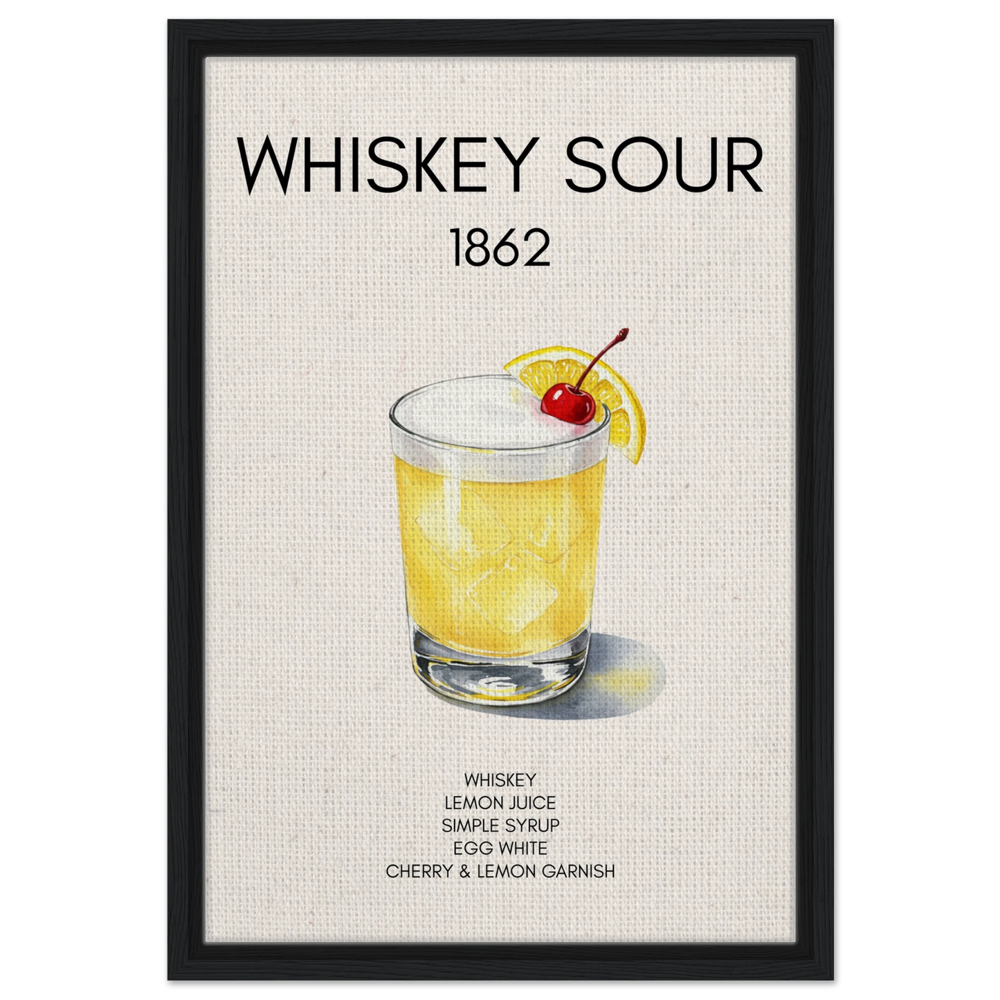 Whiskey Sour Cocktail Bar Poster Print Black Wood Frame 40x60 cm 16x24″ Framed Canvas