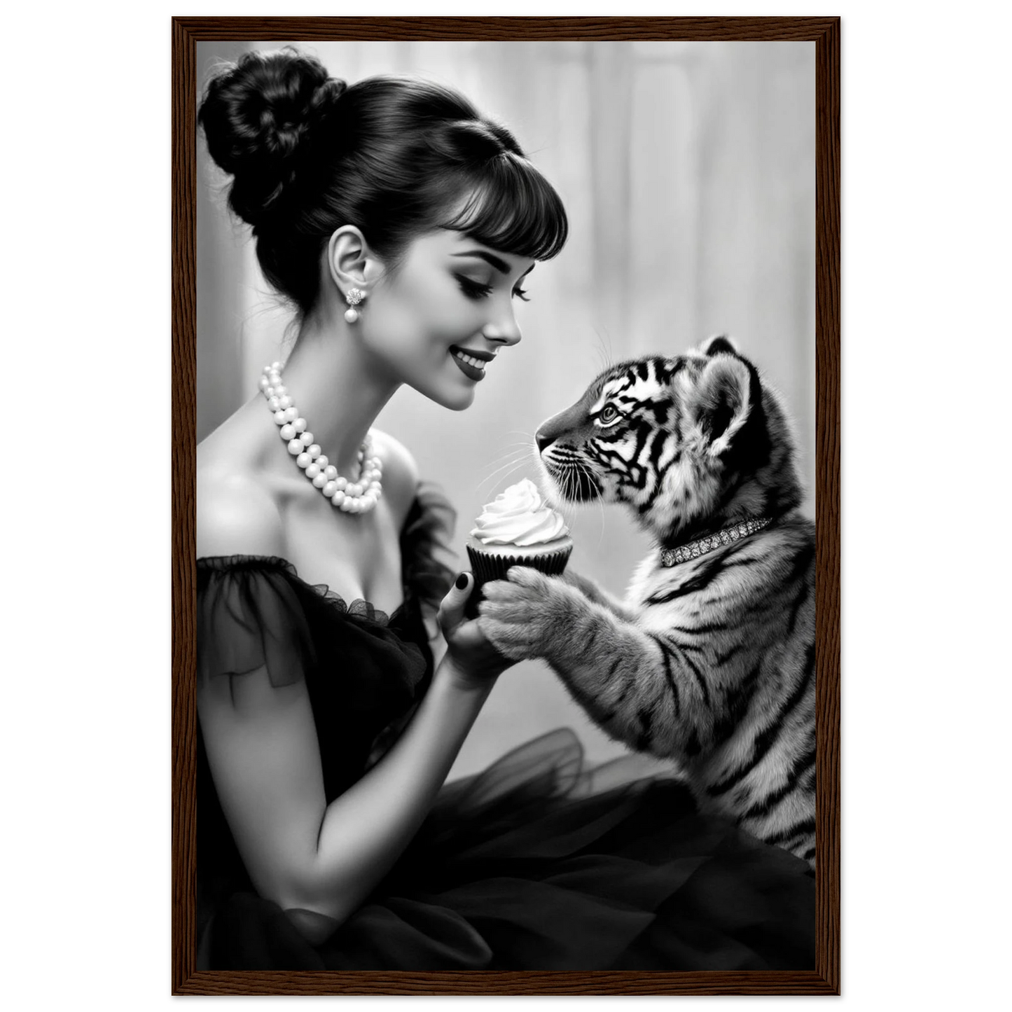 Audrey Hepburn Tiger Cub Art Print Dark Brown Wood Frame 30x45 cm 12x18″ Premium Matte Paper Wooden Framed Poster