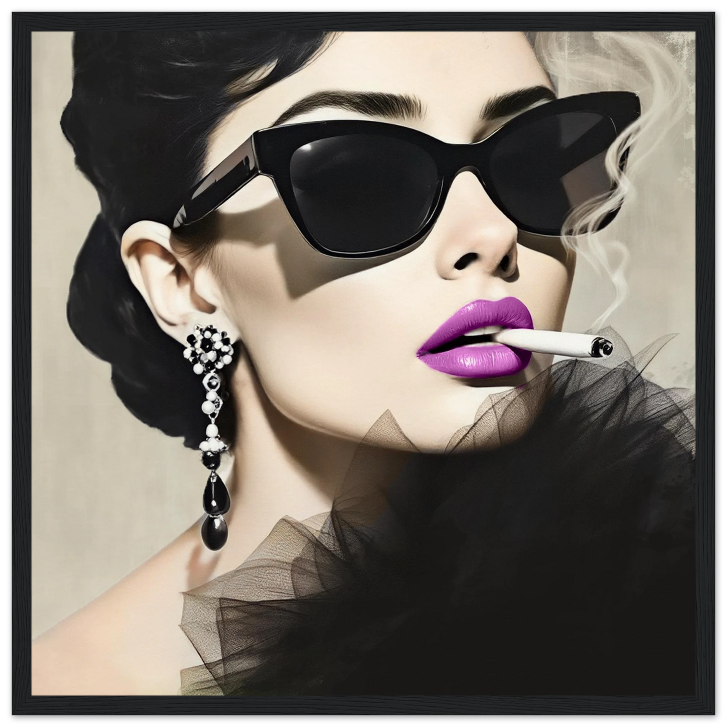 Smoking Girl Retro Fashion Model Art Print 40x40 cm 16x16″ Museum-Quality Matte Wooden Framed Poster