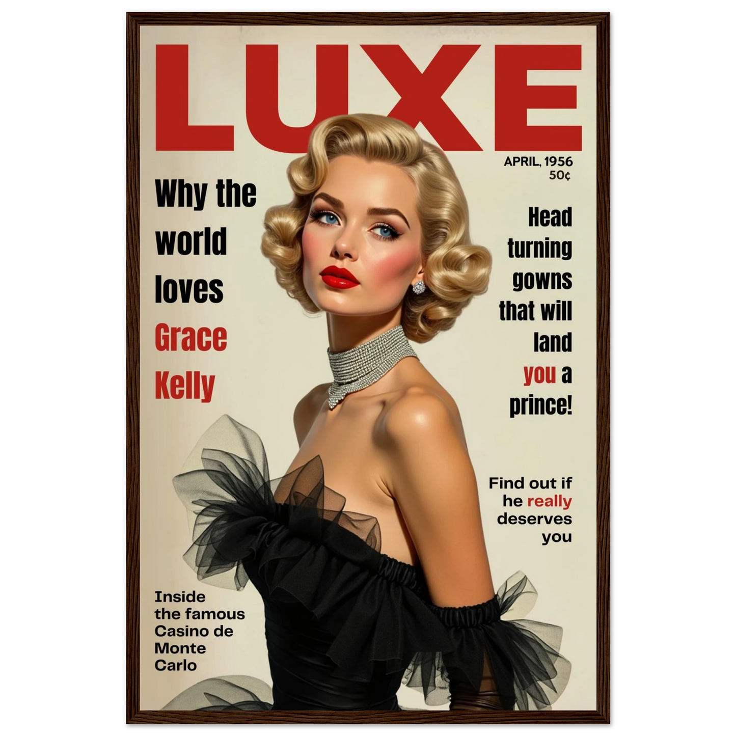 Grace Kelly Hollywood Glam Magazine Art Print Dark Brown Wood Frame 40x60 cm 16x24″ Premium Matte Framed Poster