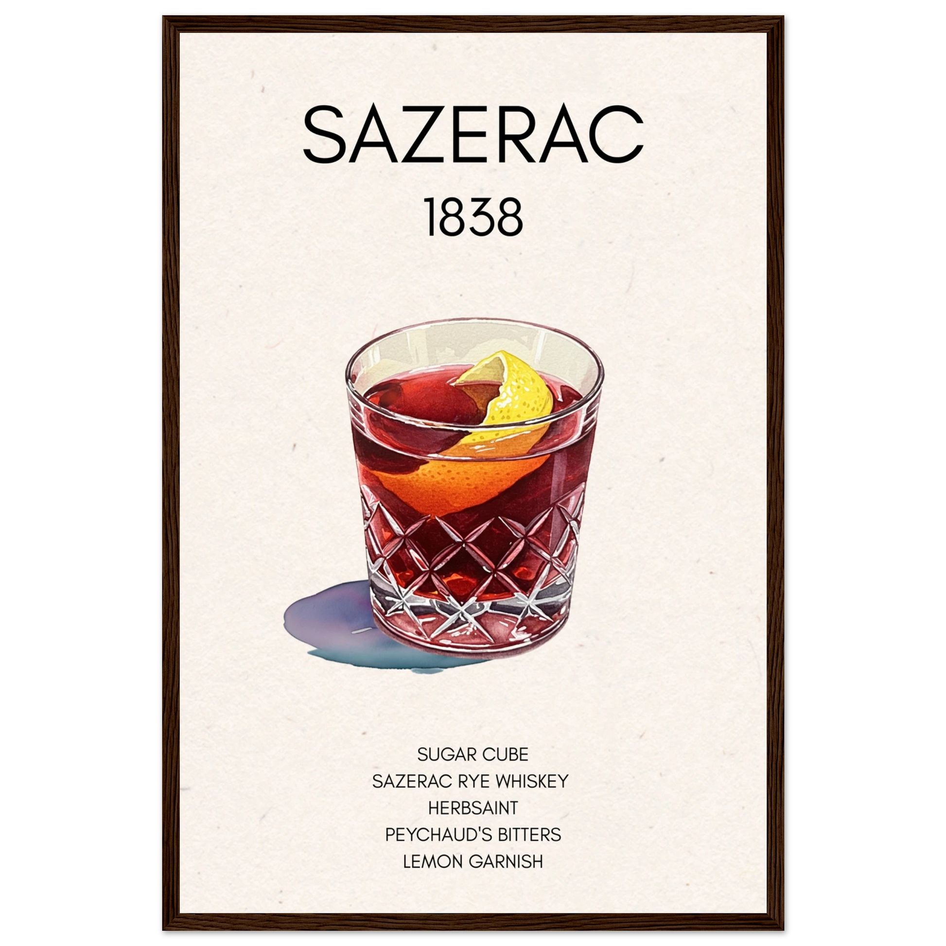 Sazerac Cocktail Bar Art Print Dark Brown Wood Frame 40x60 cm 16x24″ Premium Matte Paper Wooden Framed Poster
