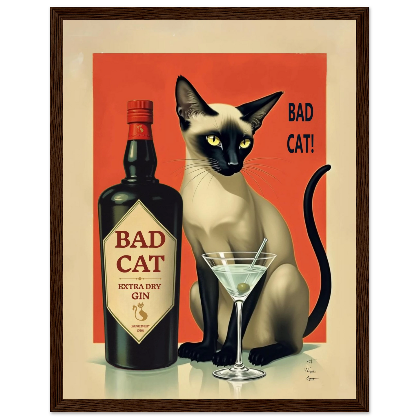Siamese Cat Gin Martini Cocktail Art Print 27x35 cm 11x14″ Premium Matte Paper Wooden Framed Poster Dark Brown Wood Frame