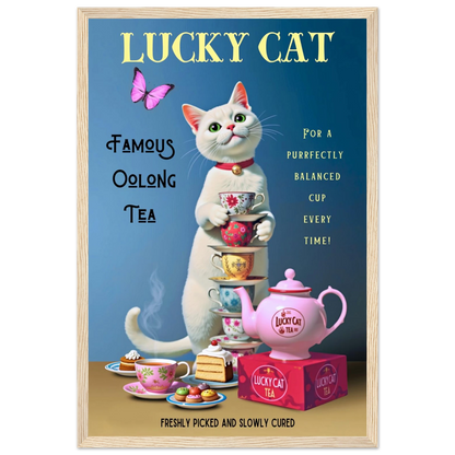 White Lucky Cat Tea Vintage Fine Art Print Light Wood Frame 30x45 cm 12x18″ Premium Matte Paper Wooden Framed Poster