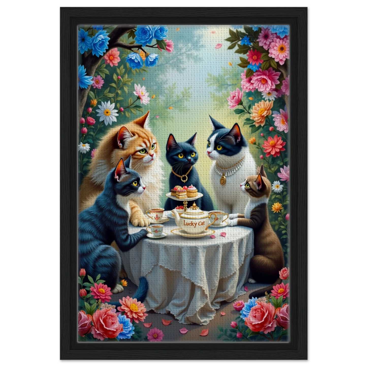 Lucky Cat Tea Party Botanical Art Print 30x45 cm 12x18″ Framed Canvas Black Wood frame