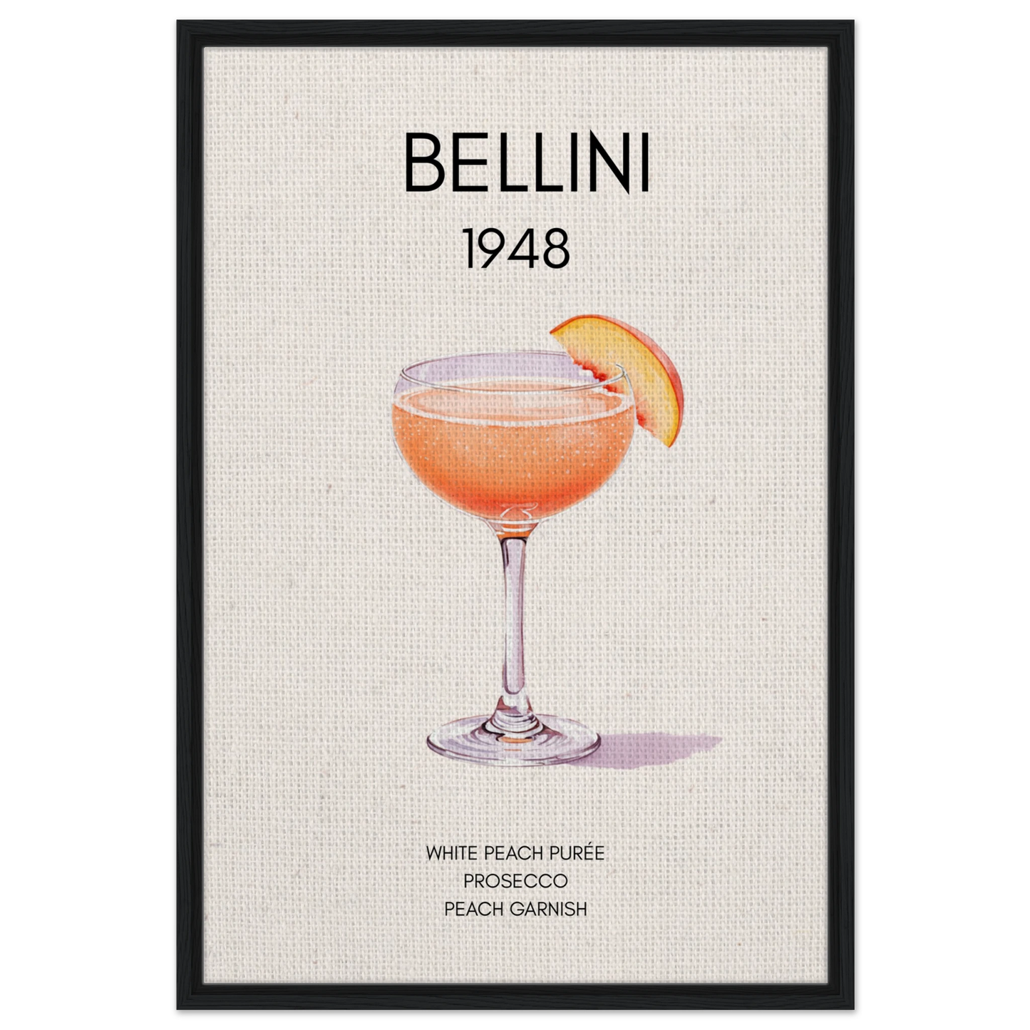 Italian Bellini Cocktail Bar Poster Print 60x90 cm 24x36″ Framed Canvas Black Wood Frame