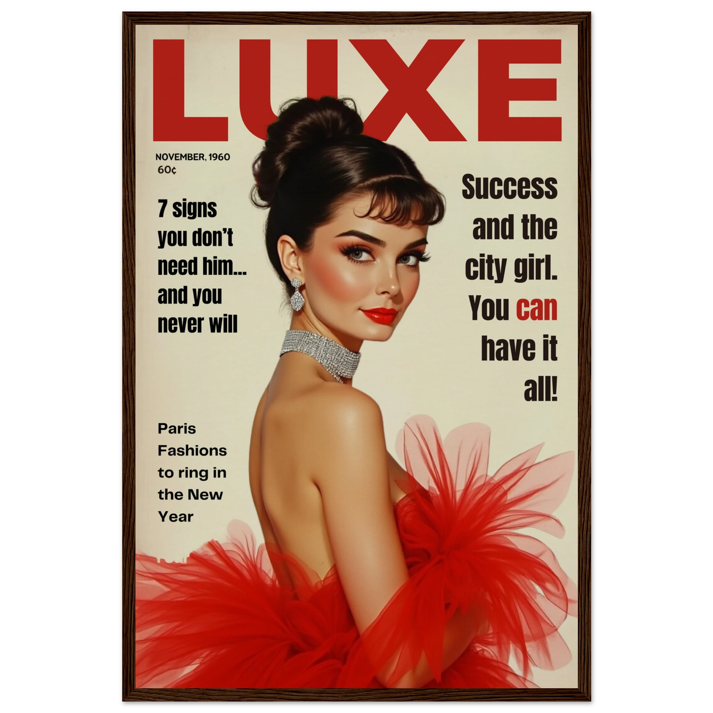 Audrey Hepburn Vintage Fashion Art Print Dark Brown Wood Frame 40x60 cm 16x24″ Museum-Quality Matte Paper Wooden Framed Poster