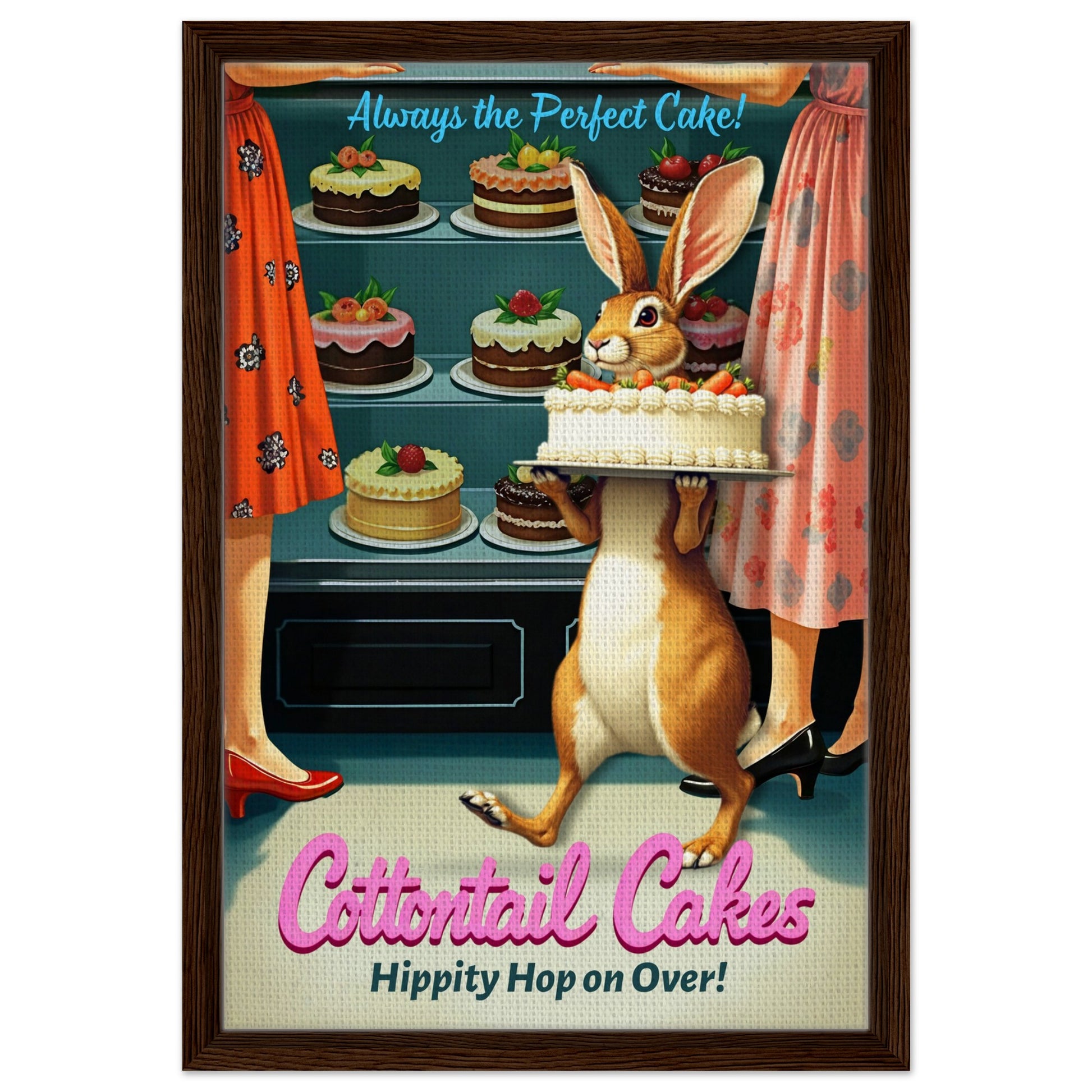 Cottontail Cakes 1950s Rabbit Art Print 40x60 cm 16x24″ Framed Canvas - Dark Brown Wood