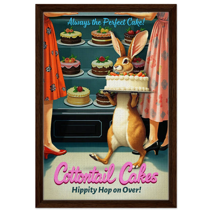 Cottontail Cakes 1950s Rabbit Art Print 40x60 cm 16x24″ Framed Canvas - Dark Brown Wood