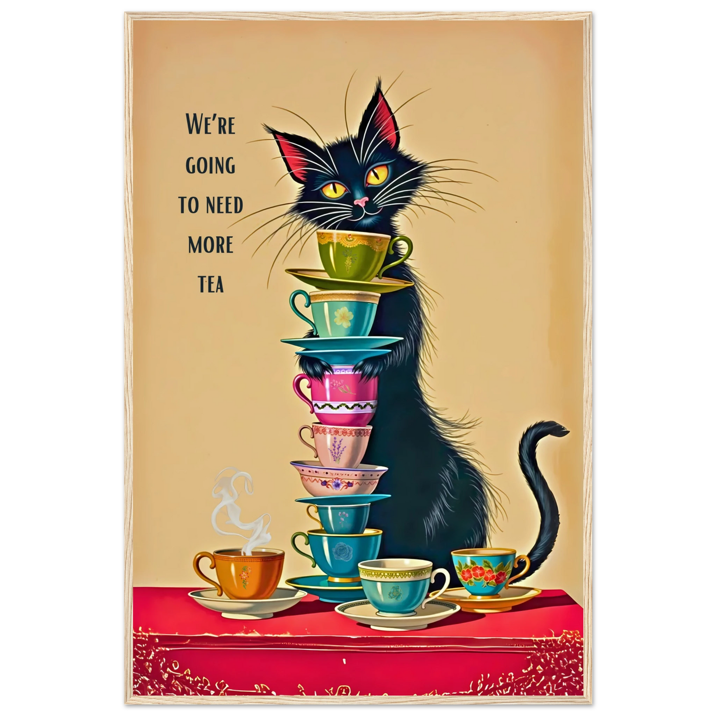 Quirky Cat Funny Tea Art Print 60x90 cm 24x36″ Classic Matte Paper Wooden Framed Poster Light Wood Frame