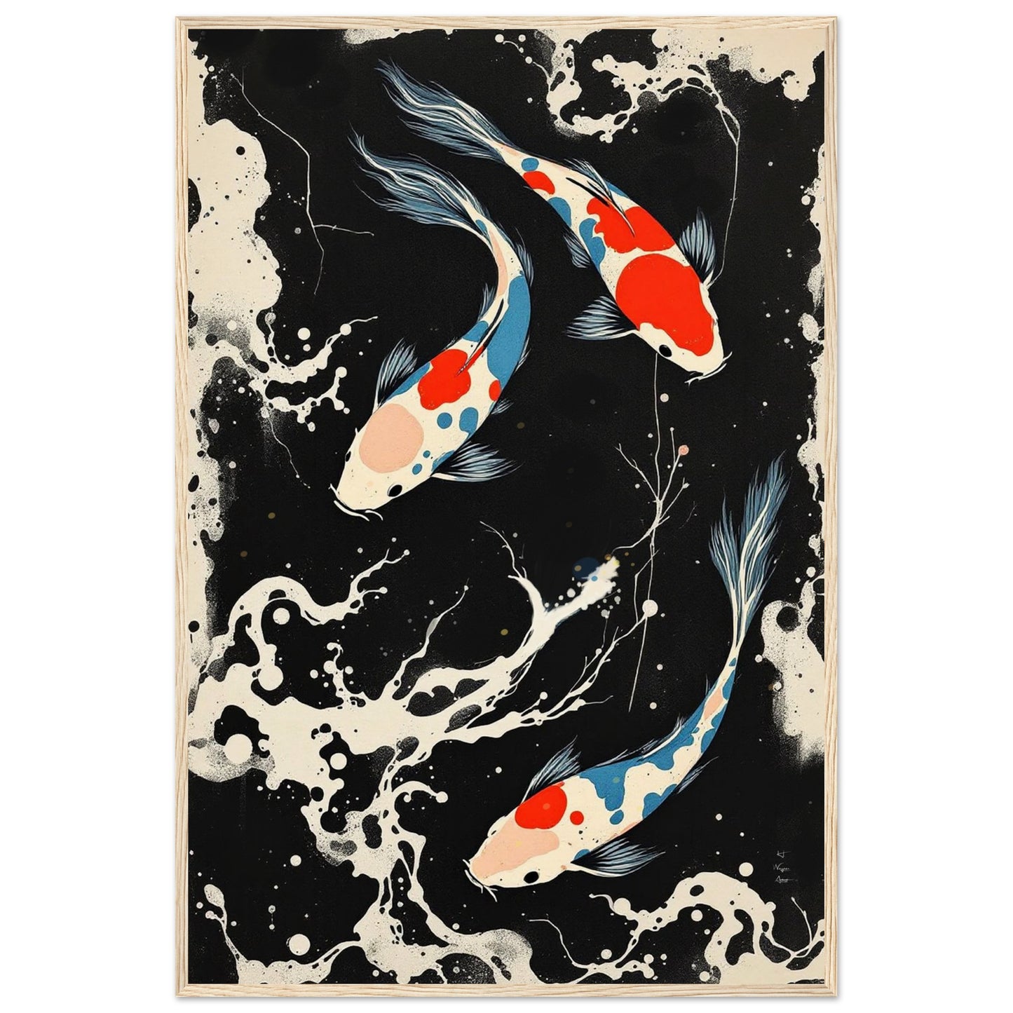 Modern Black White Koi Fish Ocean Art Print 60x90 cm 24x36″ Museum-Quality Matte Paper Wooden Framed Poster Light Wood Frame