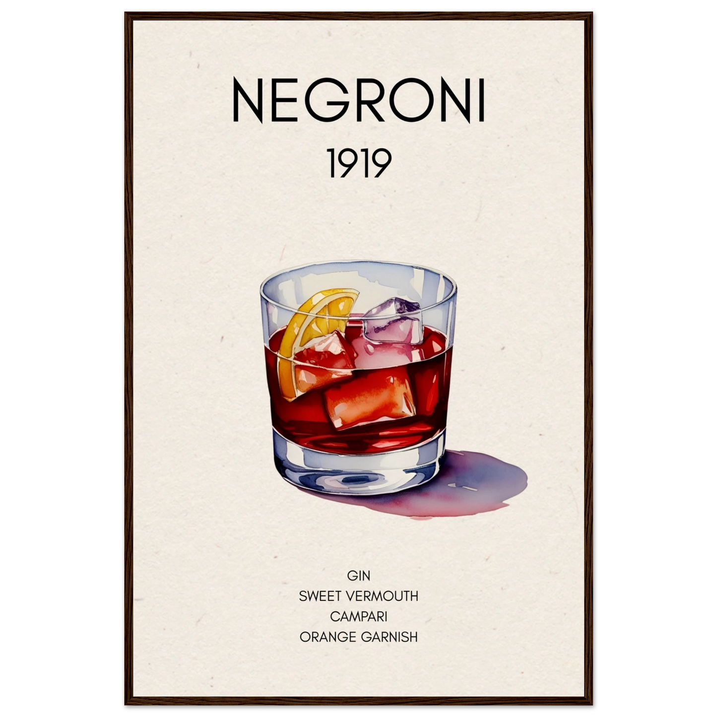 Negroni Cocktail Bar Poster Print Dark Brown Wood Frame 60x90 cm 24x36″ Museum-Quality Matte Paper Wooden Framed Poster