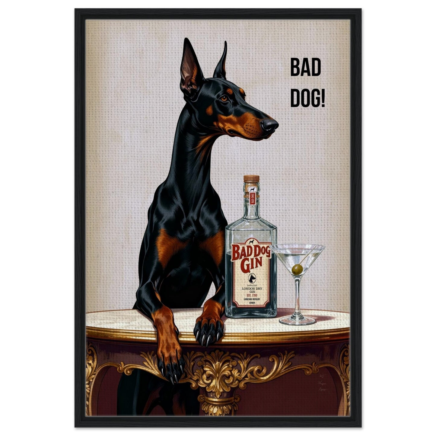 Bad Dog Gin Cocktail Bar Art Print 60x90 cm 24x36″ Framed Canvas Black Wood Frame