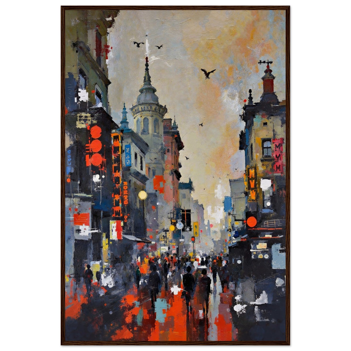 Gothic City Street Art Print - European Cityscape 60x90 cm 24x36″ Museum-Quality Matte Framed Poster - Dark Brown Wood
