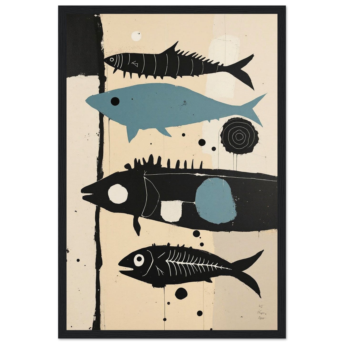 Mid-Century Modern Fish Art Poster Print – Framed Abstract Neutral Wall Decor Black Wood Frame 30x45 cm 12x18″ Museum-Quality Matte Wooden Framed Poster