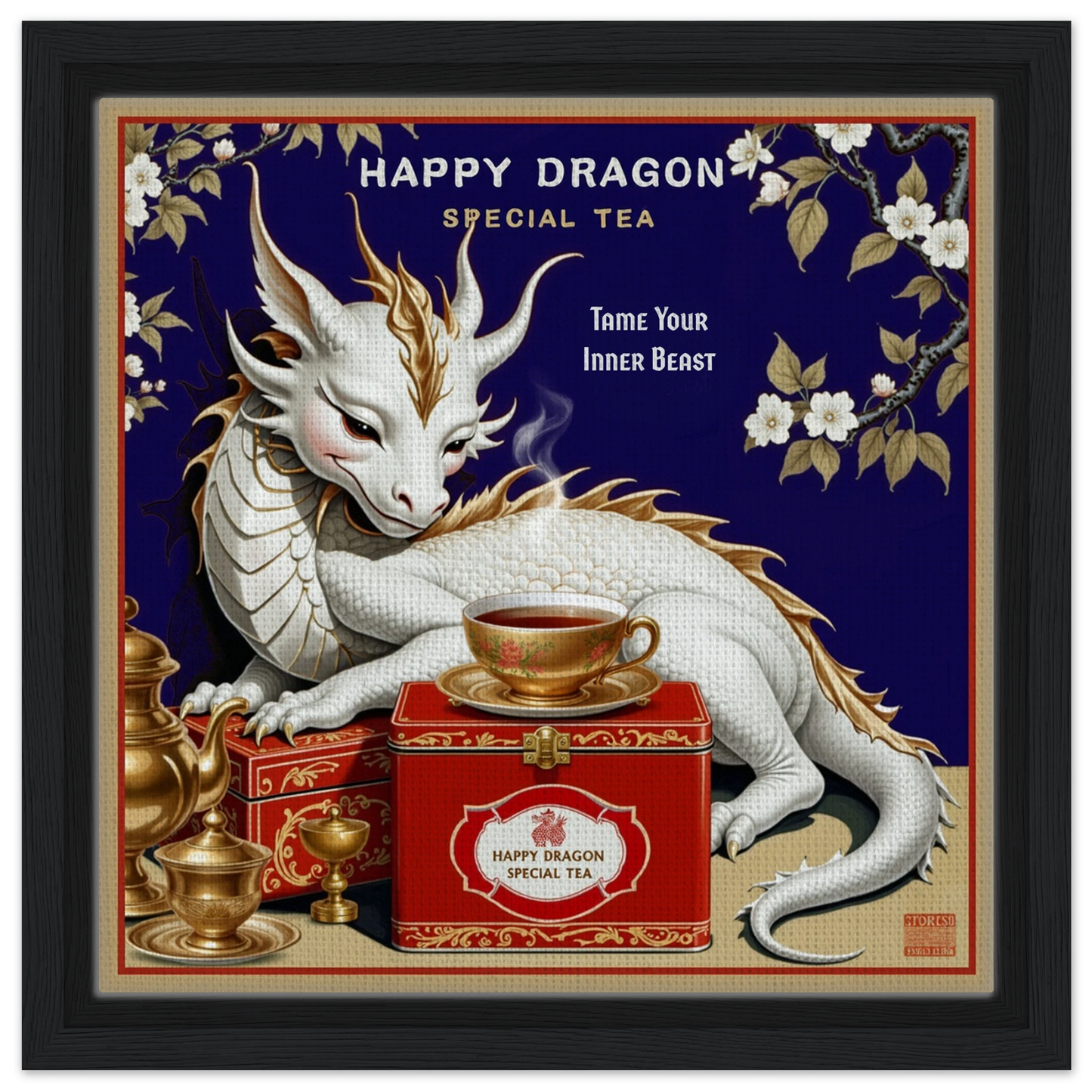 Happy Dragon Tea Art Print 30x30 cm 12x12″ Framed Canvas Black Wood Frame