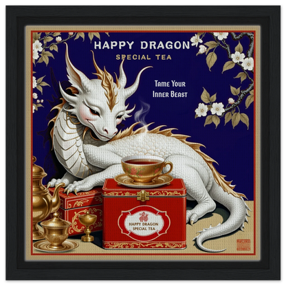 Happy Dragon Tea Art Print 30x30 cm 12x12″ Framed Canvas Black Wood Frame