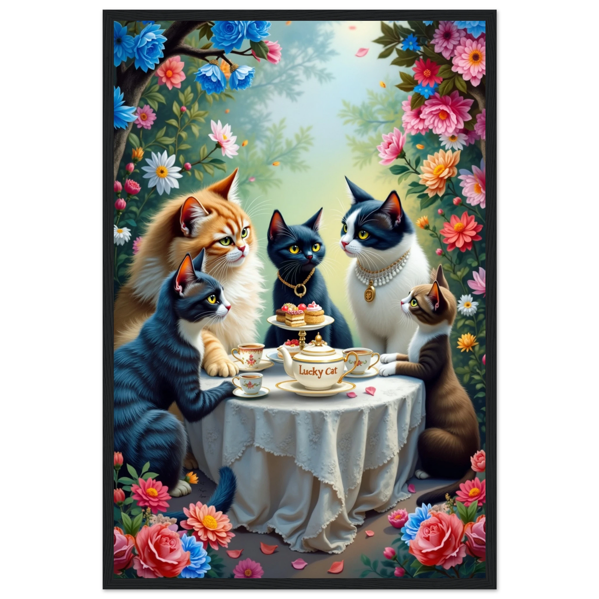 Lucky Cat Tea Party Botanical Art Print 40x60 cm 16x24″ Premium Matte Paper Wooden Framed Poster Black Wood frame