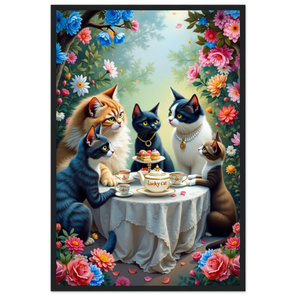 Lucky Cat Tea Party Botanical Art Print 40x60 cm 16x24″ Premium Matte Paper Wooden Framed Poster Black Wood frame