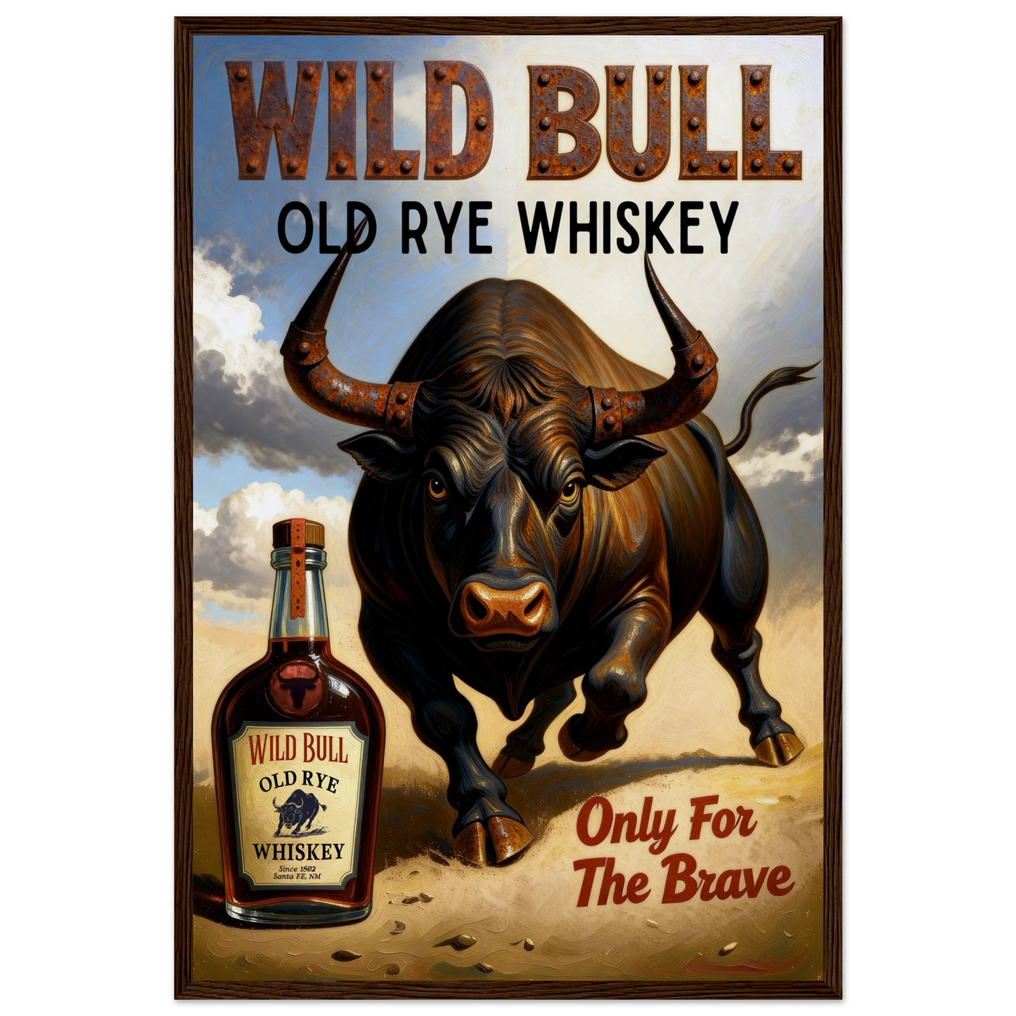 Wild Bull Old West Rye Whiskey Poster Print 40x60 cm 16x24″ Museum-Quality Matte Framed Poster Dark Brown Wood Frame