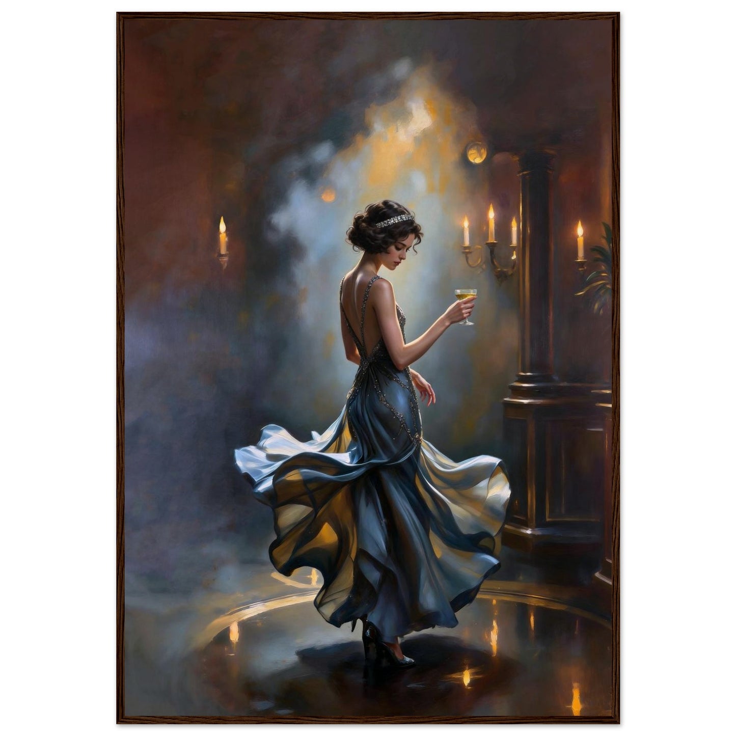 1920s Speakeasy Dancing Flapper Art Deco Print 28x40″ Museum-Quality Matte Framed Poster - Dark Brown Wood