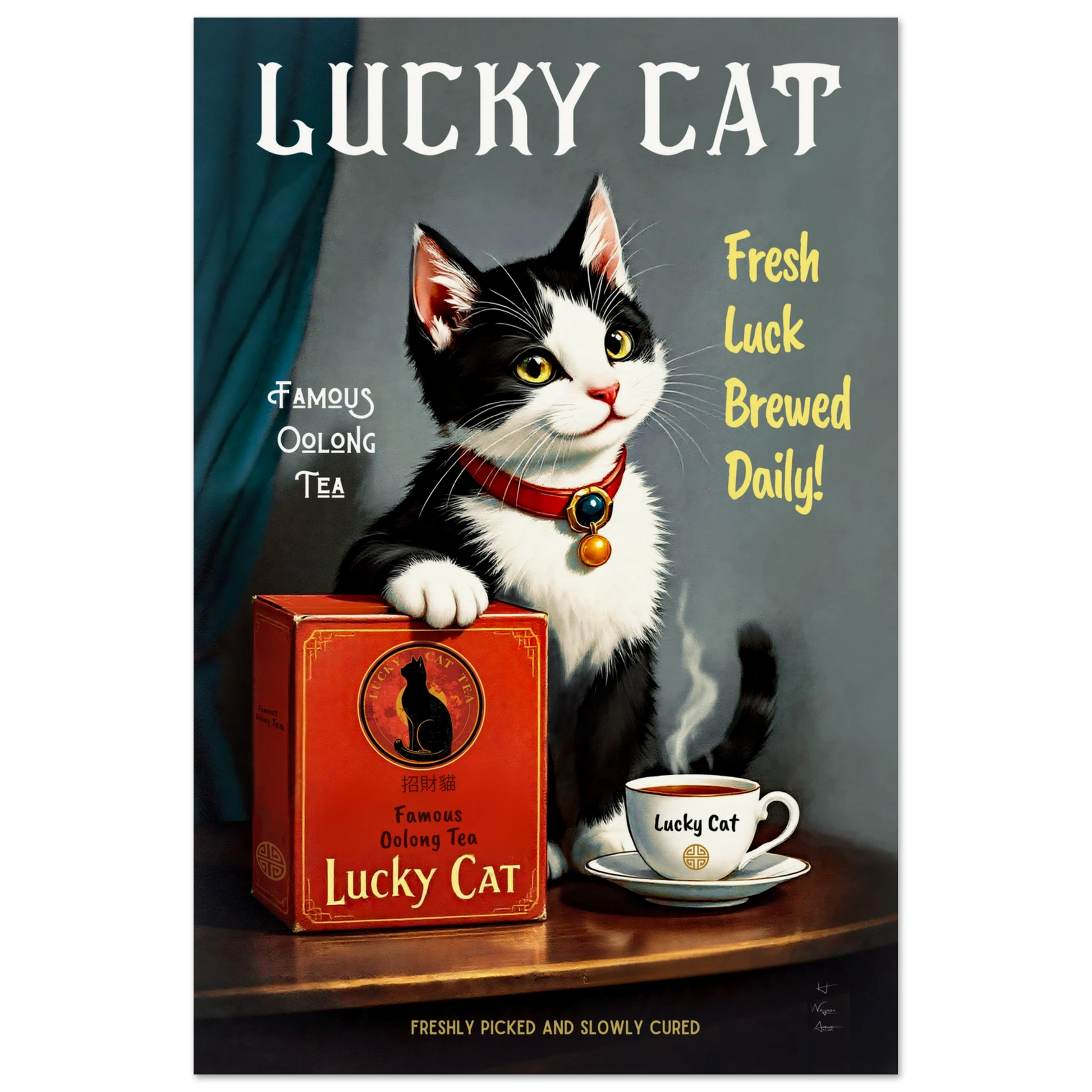 Lucky Tuxedo Cat Tea Kitchen Art Print 40x60 cm 16x24″ Museum-Quality Matte Paper Poster No Frame
