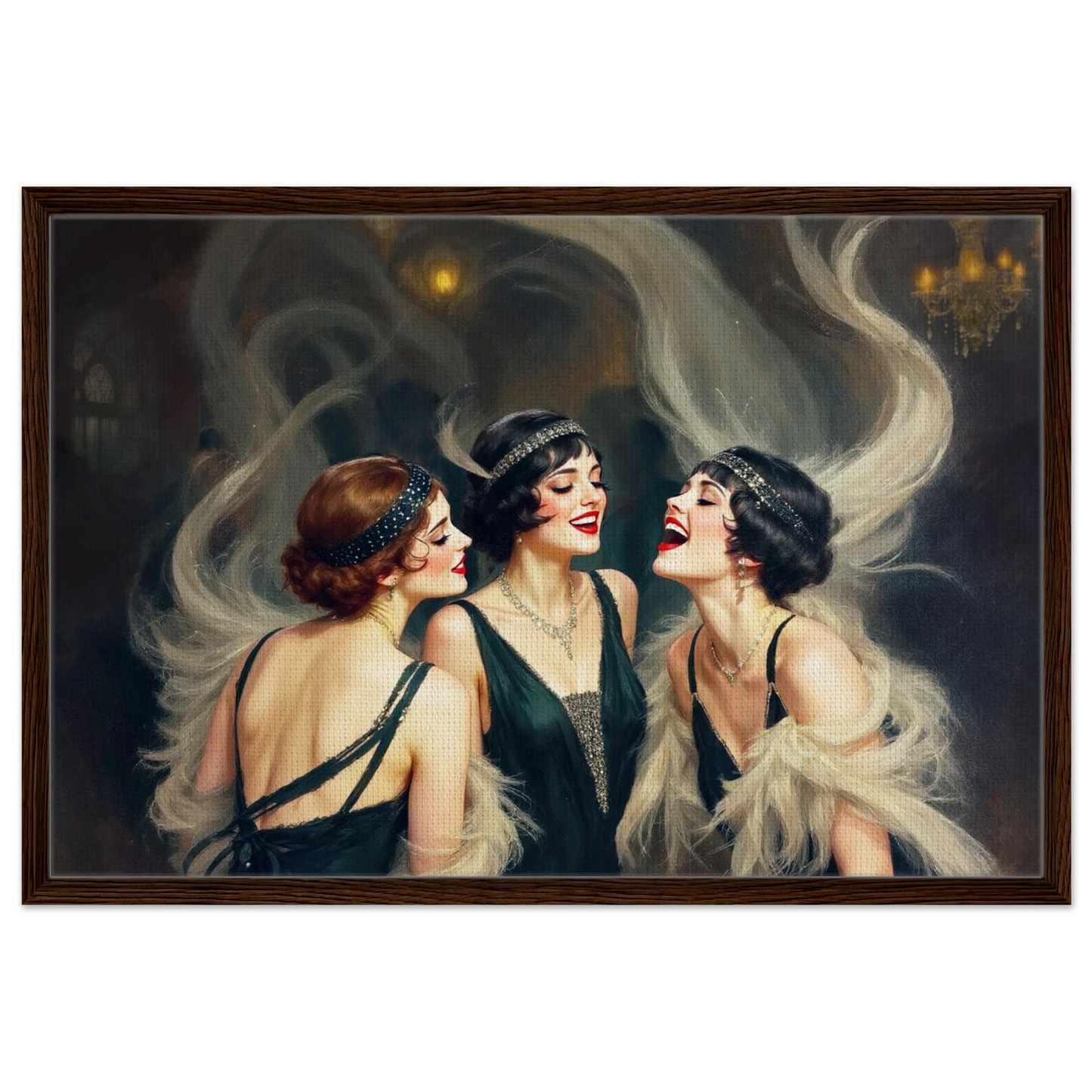 Flapper Girls Speakeasy Gatsby Art Print Dark Brown Wood Frame 60x90 cm 24x36″ Framed Canvas