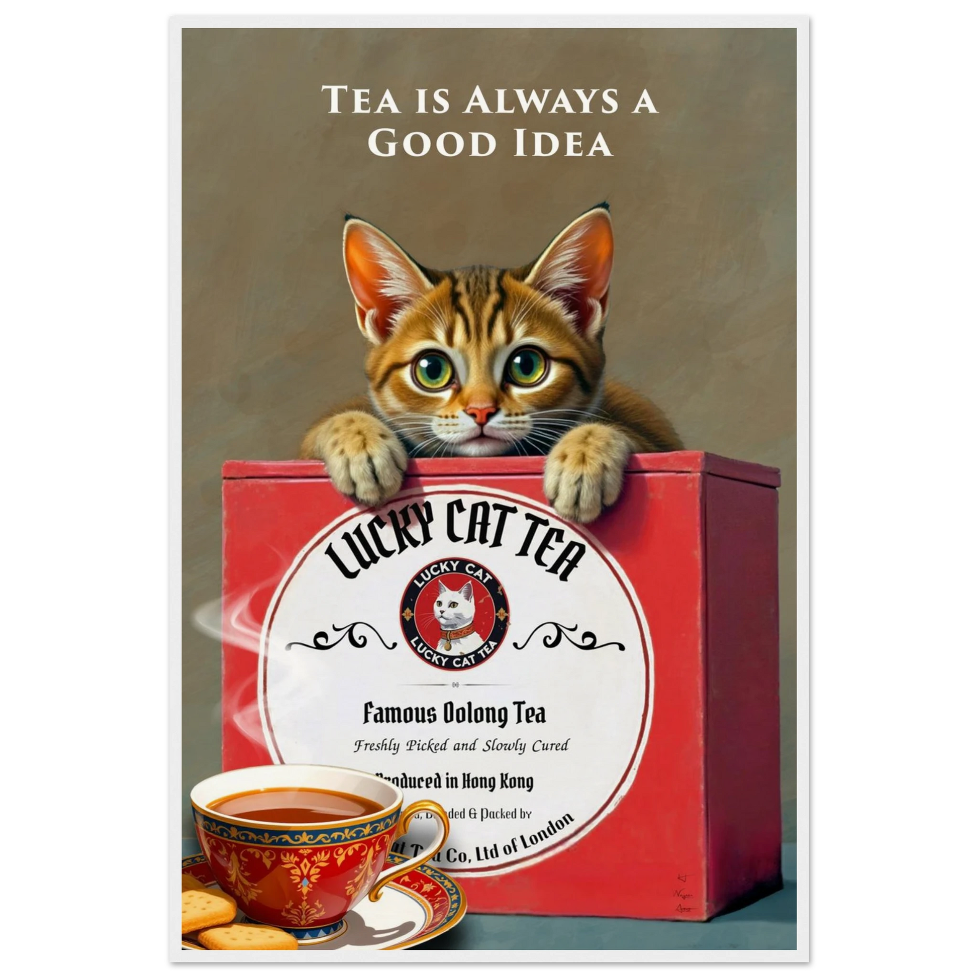 Tabby Lucky Cat Tea Vintage Kitchen Art Print White Wood Frame 60x90 cm 24x36″ Museum-Quality Matte Paper Wooden Framed Poster
