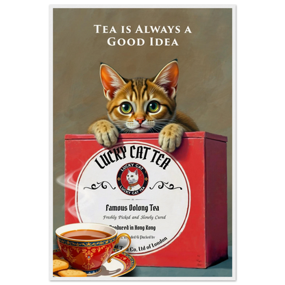 Tabby Lucky Cat Tea Vintage Kitchen Art Print White Wood Frame 60x90 cm 24x36″ Museum-Quality Matte Paper Wooden Framed Poster