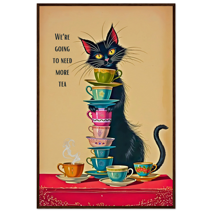 Quirky Cat Funny Tea Art Print 60x90 cm 24x36″ Museum-Quality Matte Paper Wooden Framed Poster Dark Brown Wood Frame
