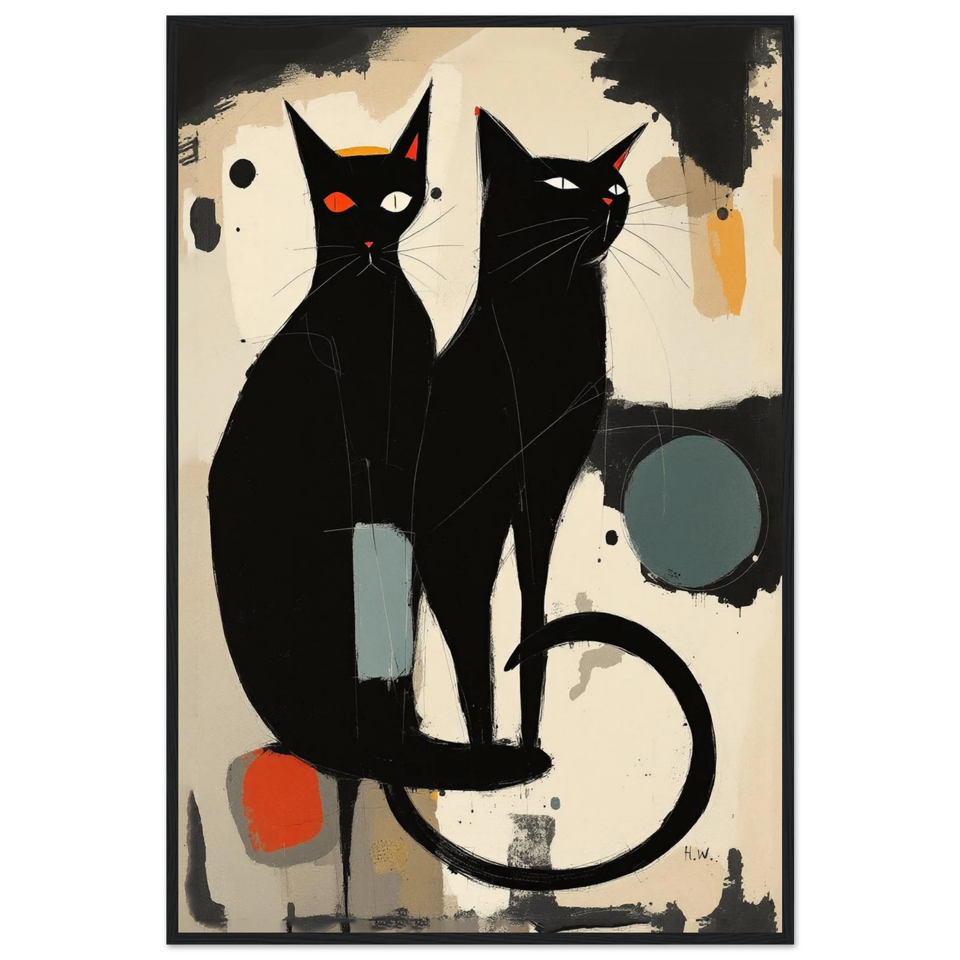 Abstract Crazy Cat Duo Art Print Black Wood Frame 60x90 cm 24x36″ Classic Matte Paper Wooden Framed Poster