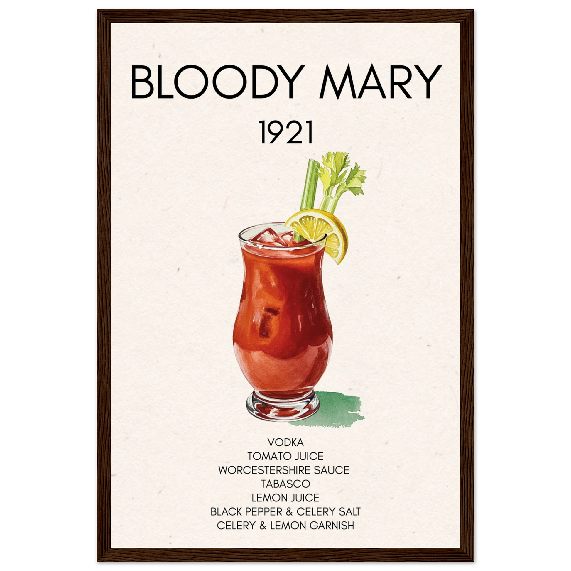 Bloody Mary Cocktail Bar Art Print Dark Brown Wood 30x45 cm 12x18″ Classic Matte Paper Wooden Framed Poster