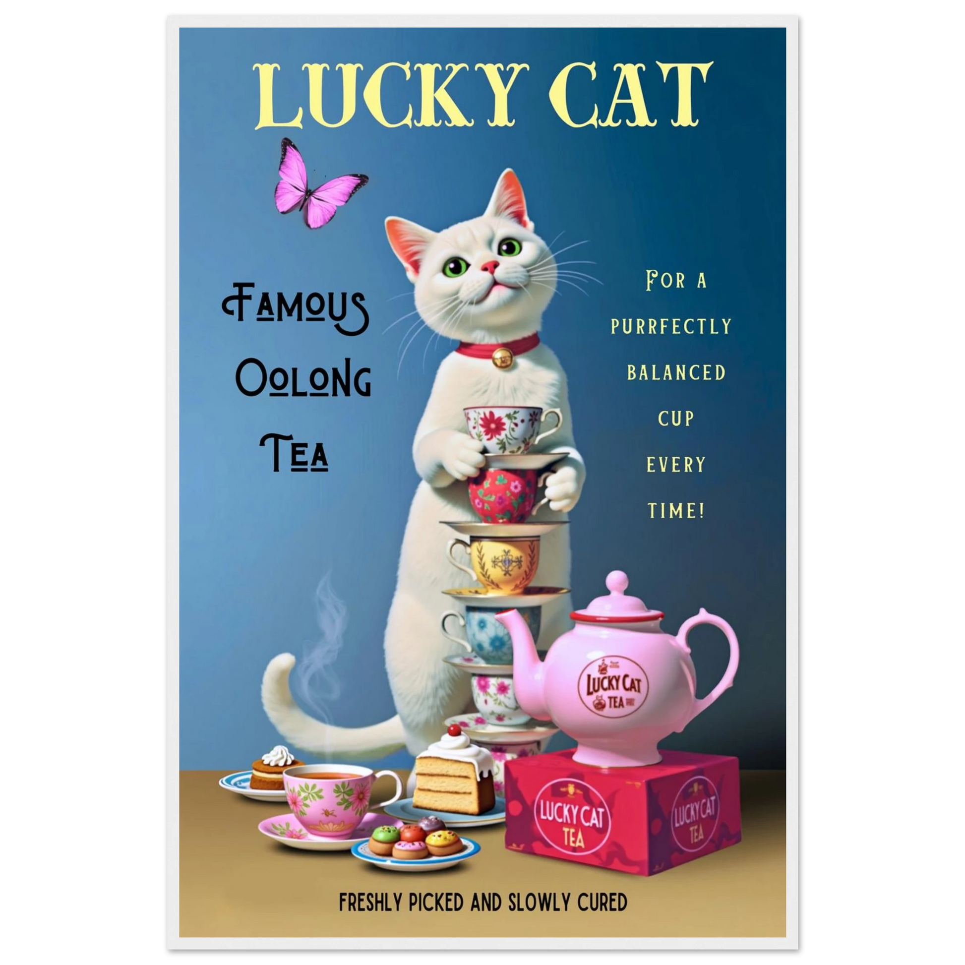 White Lucky Cat Tea Vintage Fine Art Print White Wood Frame 60x90 cm 24x36″ Premium Matte Paper Wooden Framed Poster