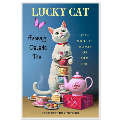 White Lucky Cat Tea Vintage Fine Art Print White Wood Frame 60x90 cm 24x36″ Premium Matte Paper Wooden Framed Poster
