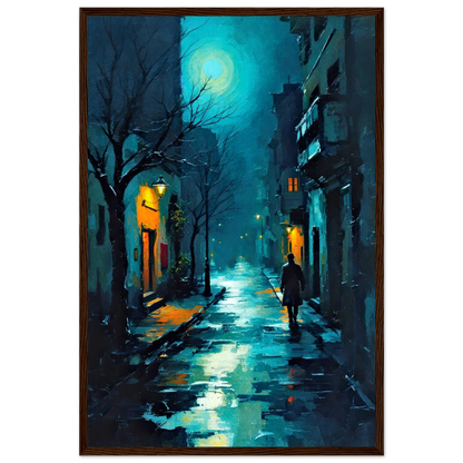 Blue Moon Night Street Scene Art Print 40x60 cm 16x24″ Premium Matte Framed Poster Dark Brown Wood Frame