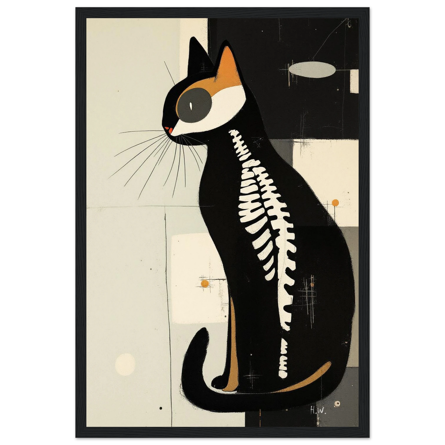 Modern Cat Skeleton Abstract Art Poster Print Dark Brown Wood Frame 60x90 cm 24x36″ Classic Matte Paper Wooden Framed Poster