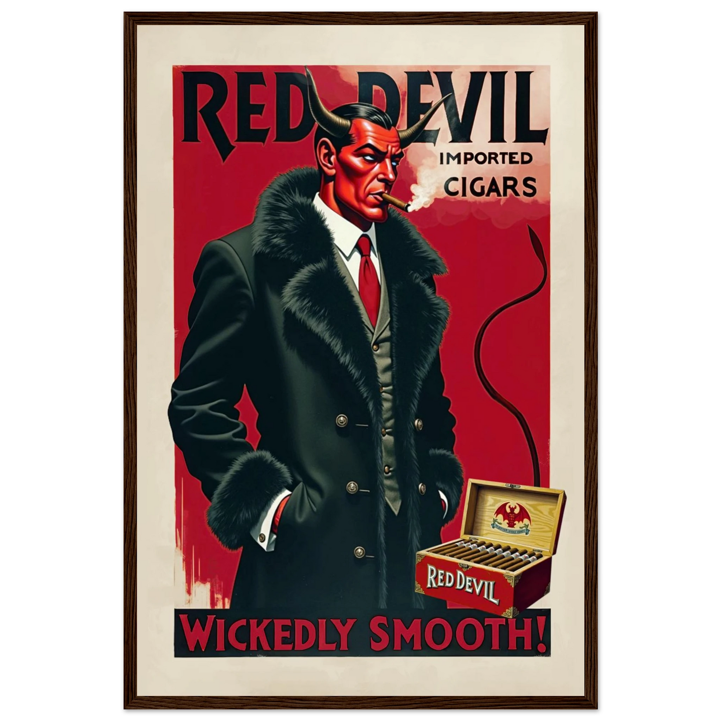 Red Devil Art Deco Cigar Art Print 40x60 cm 16x24″ Premium Matte Paper Wooden Framed Poster Dark Brown Wood Frame